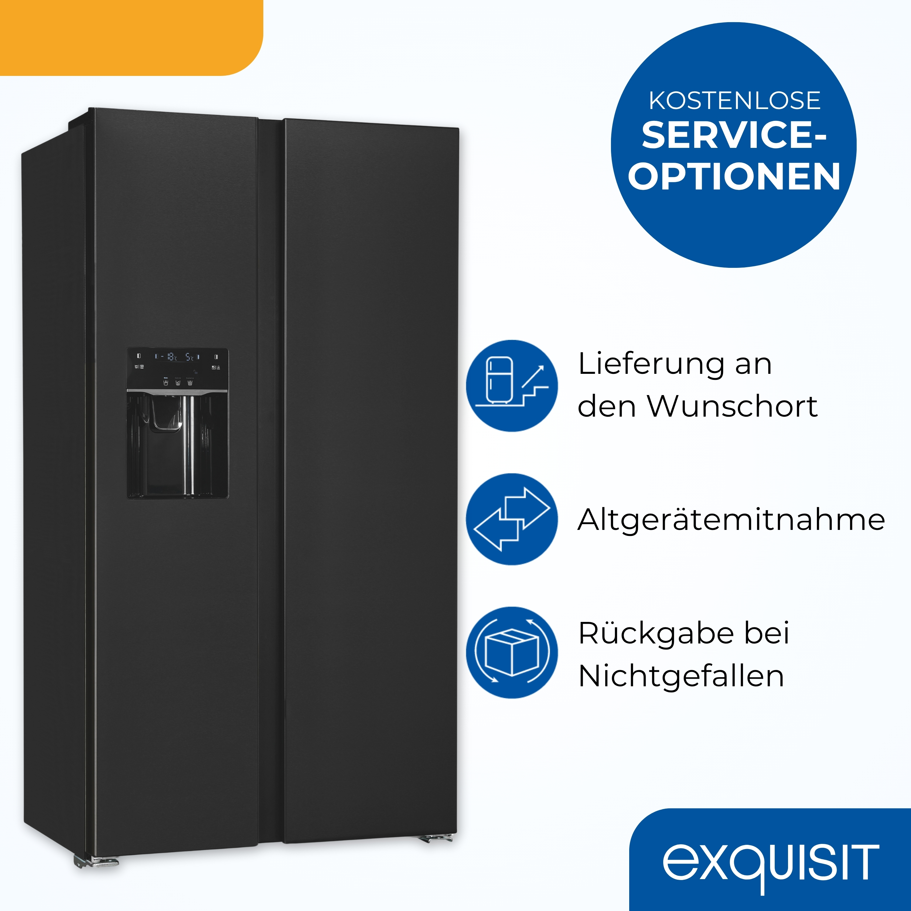 Ein schwarzer Kühlschrank mit Wasserspender. Text lautet 'KOSTENLOSE SERVICE-OPTIONEN' und Servicedetails.