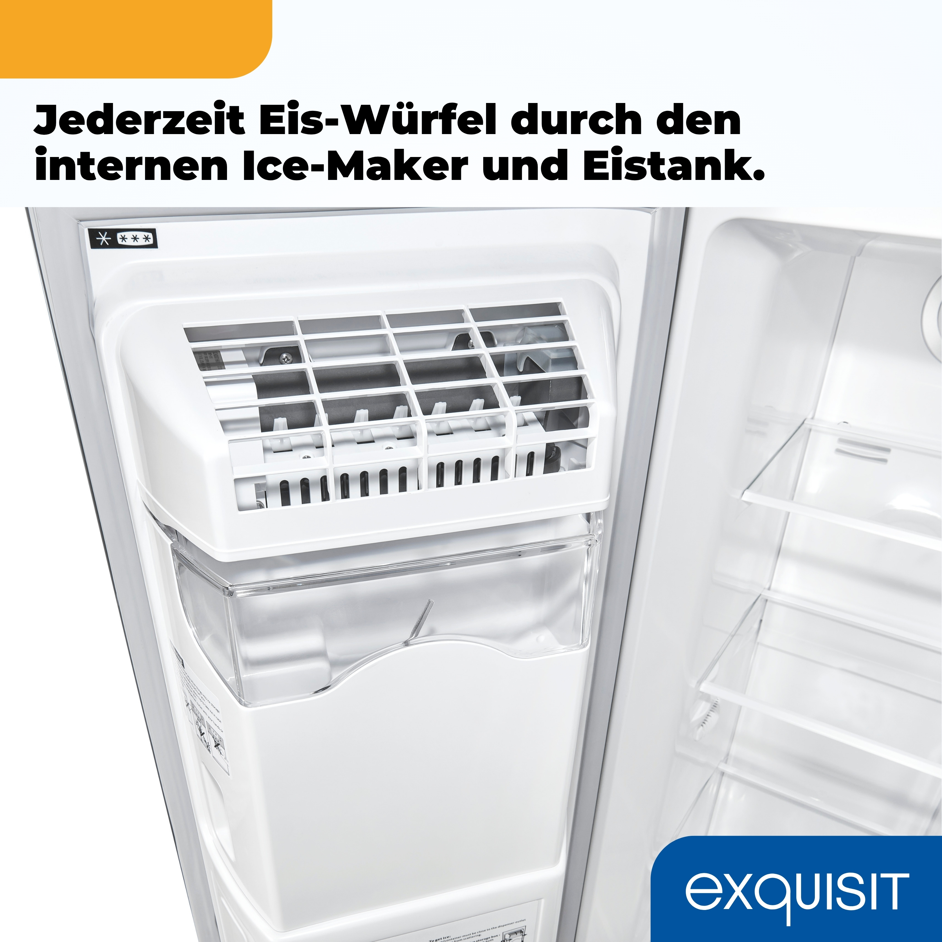 Im Inneren eines weißen Kühlschranks sind Eisbereiter und Eistank sichtbar. Der Text lautet: Jederzeit Eiswürfel durch den internen Eisbereiter und Eistank.