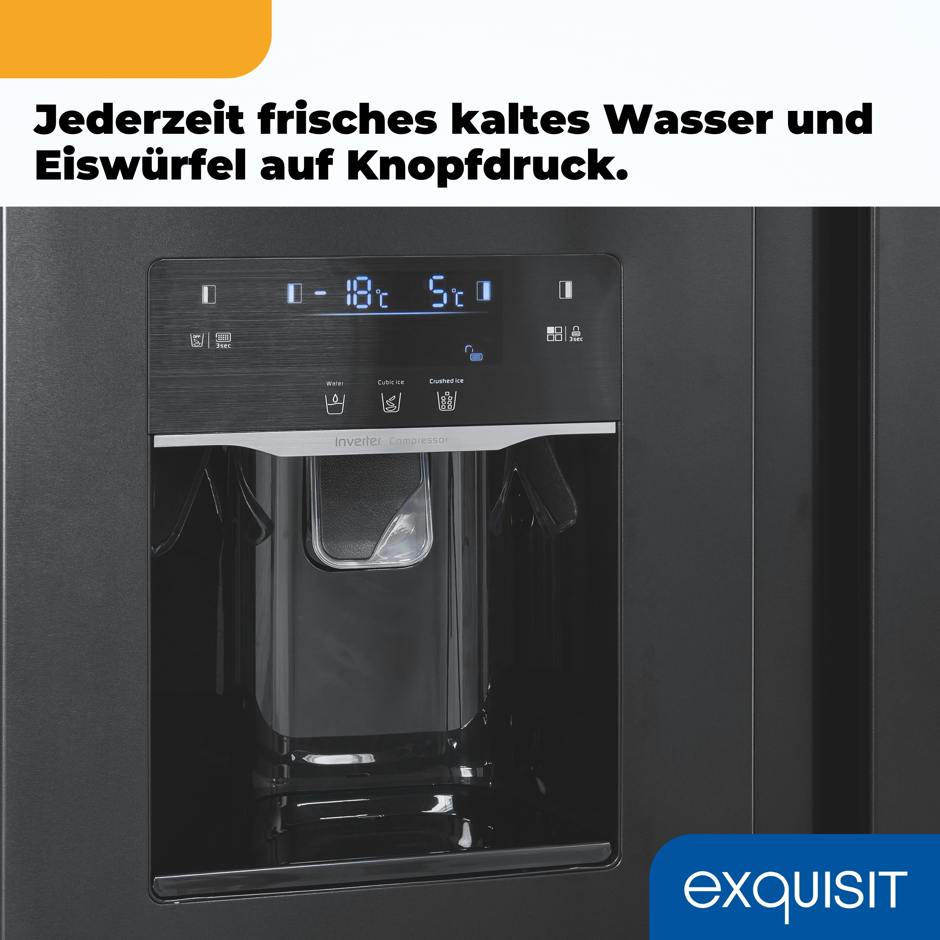 Nahaufnahme eines schwarzen Kühlschranks mit Digitalanzeige, die Temperaturen anzeigt. Er gibt Wasser und Eis aus.