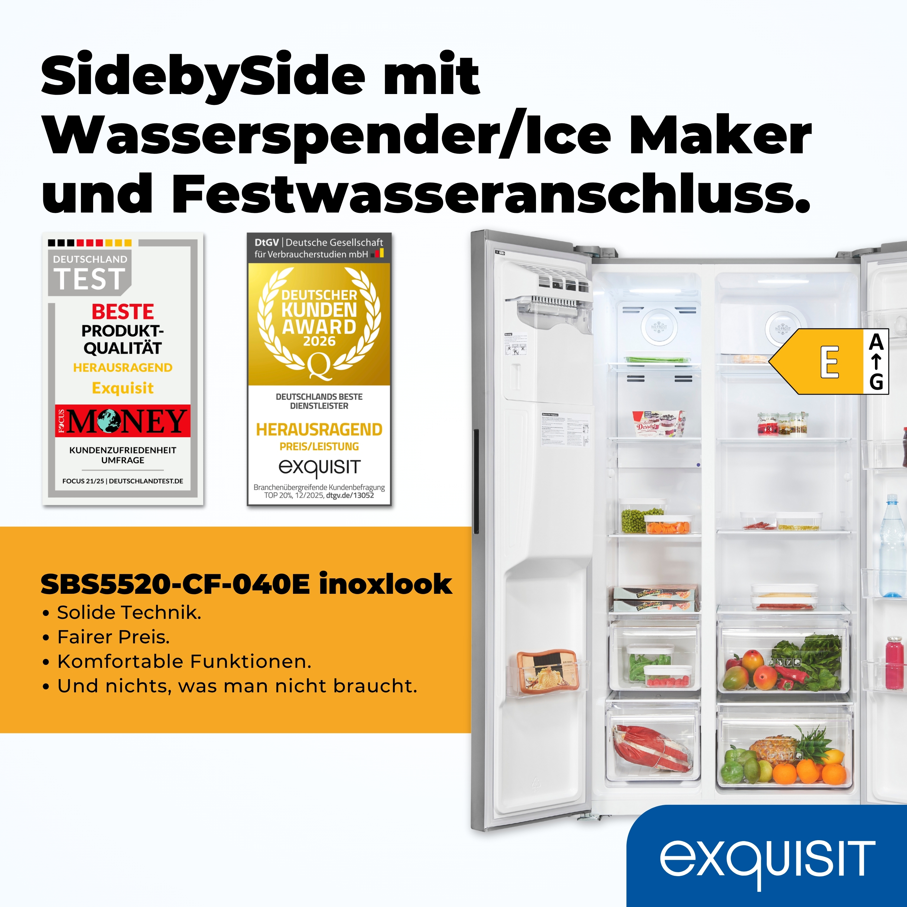 Ein Kühlschrank mit offenen Türen, der Lebensmittel und Auszeichnungen zeigt. Text enthält 'SidebySide' und 'Exquisit'.