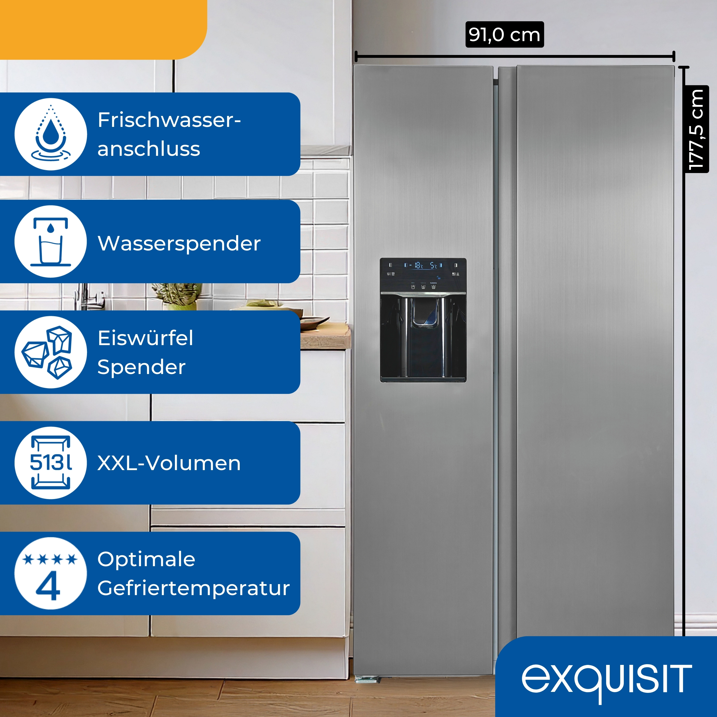 Ein Edelstahlkühlschrank mit Funktionen wie Wasser- und Eisspendern. Maße werden angezeigt. Weiße Schränke sind links.