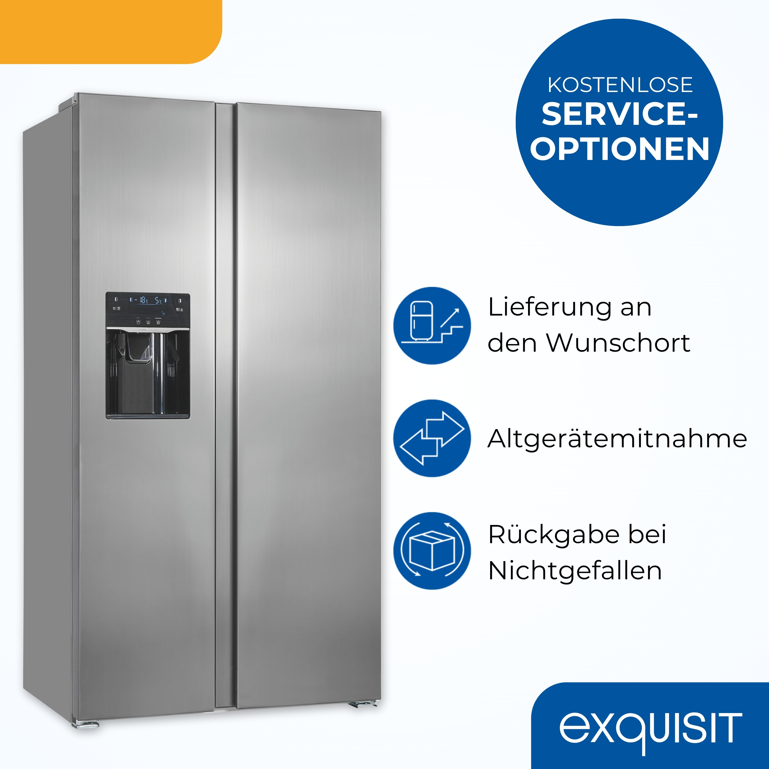 Ein Edelstahlkühlschrank mit Wasserspender. Blaue Kreise mit Text und Symbolen zu Dienstleistungen sind auf der Seite.