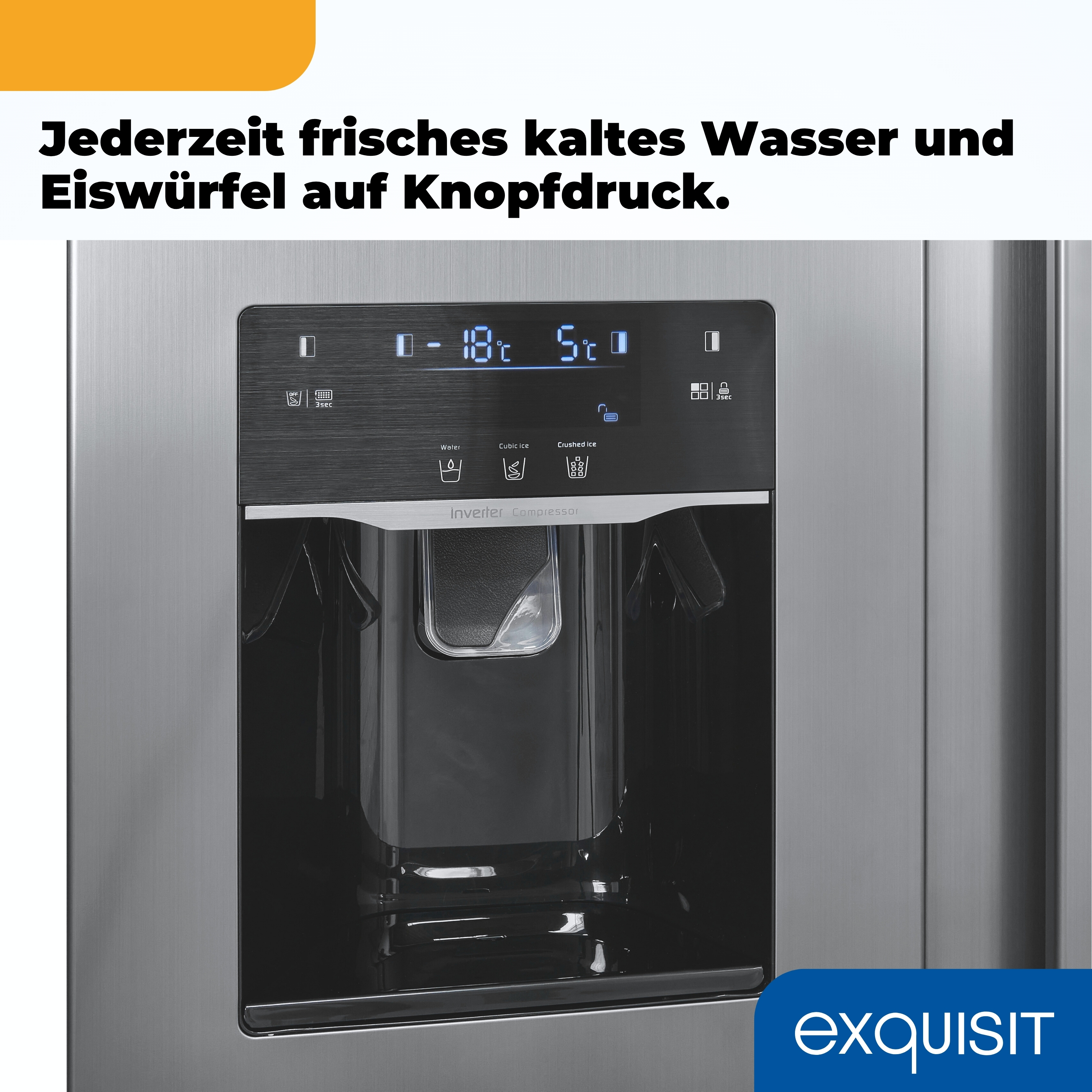 Nahaufnahme eines Kühlschranks mit Digitalanzeige, die Temperaturen und Eisoptionen zeigt.