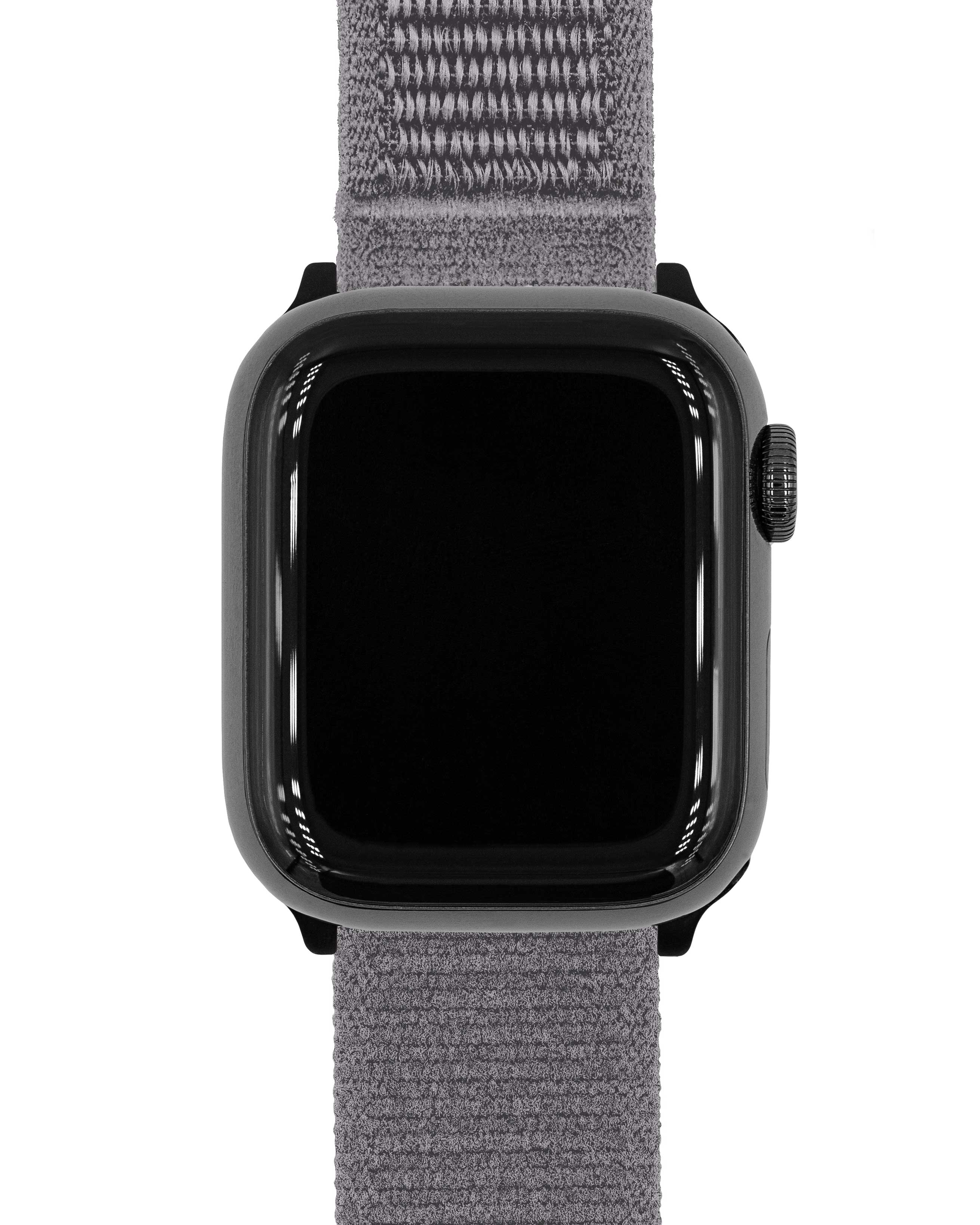 Schwarze Smartwatch mit grauem Armband. Der Bildschirm ist schwarz. Das Armband ist grau, strukturiert. Weißer Hintergrund.
