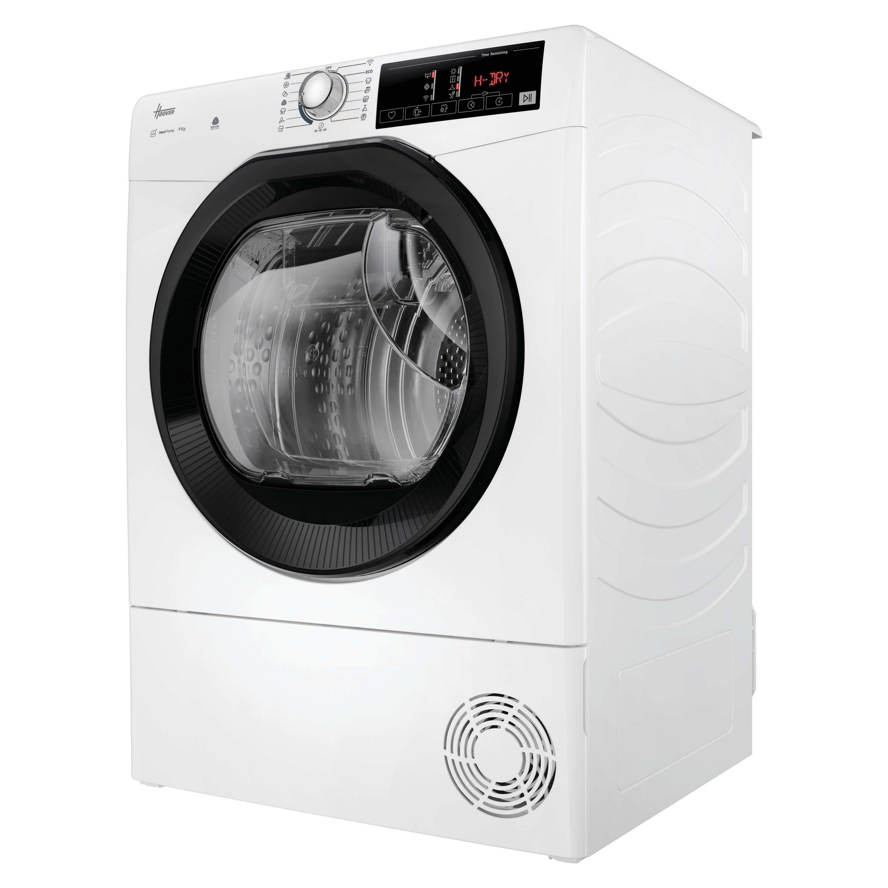 Un'asciugatrice Hoover bianca con cornice nera e display digitale.
