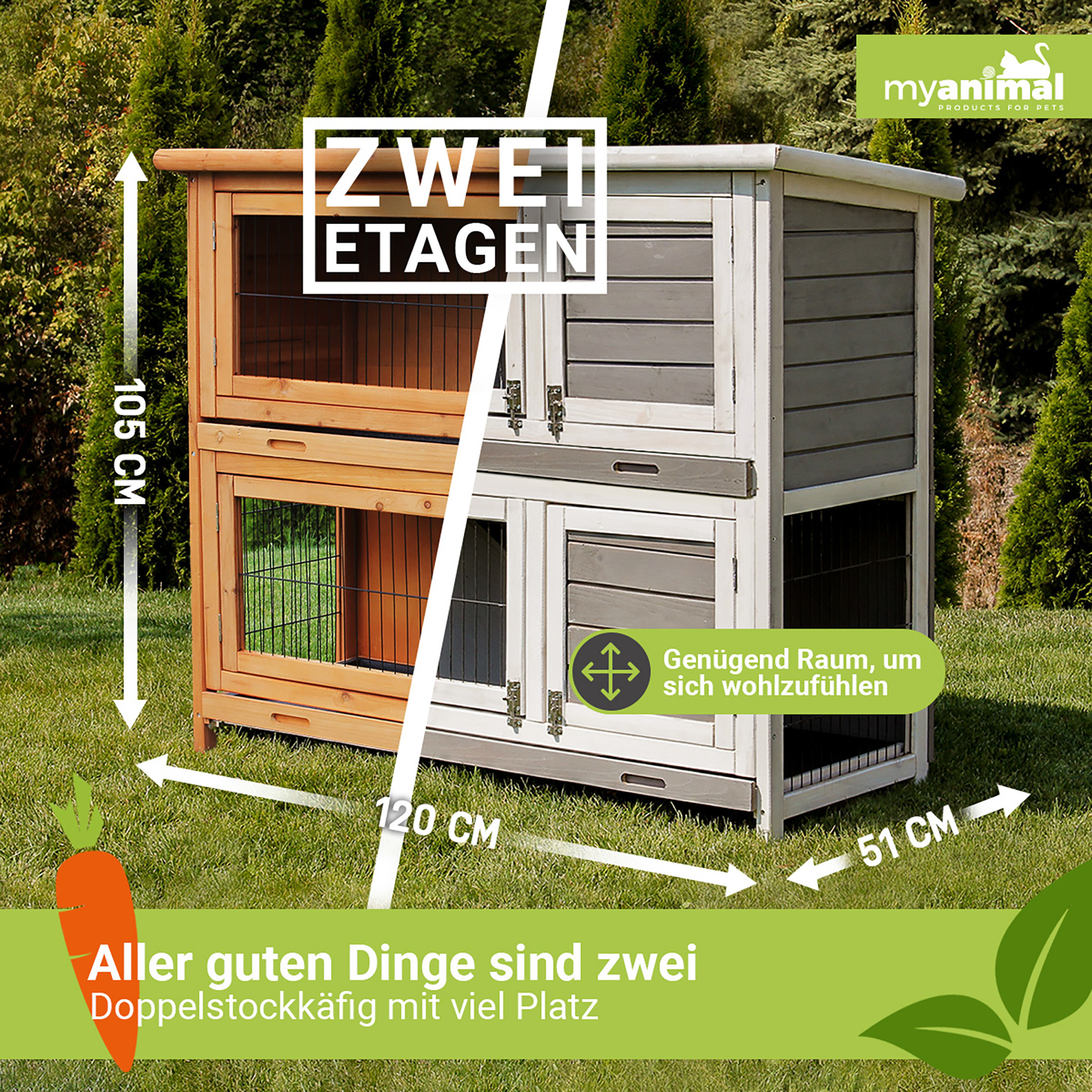 Ein zweistöckiges hölzernes Haustierhaus auf Gras. Abmessungen sind beschriftet. Text sagt 'Genügend Raum, um sich wohlzufühlen'.