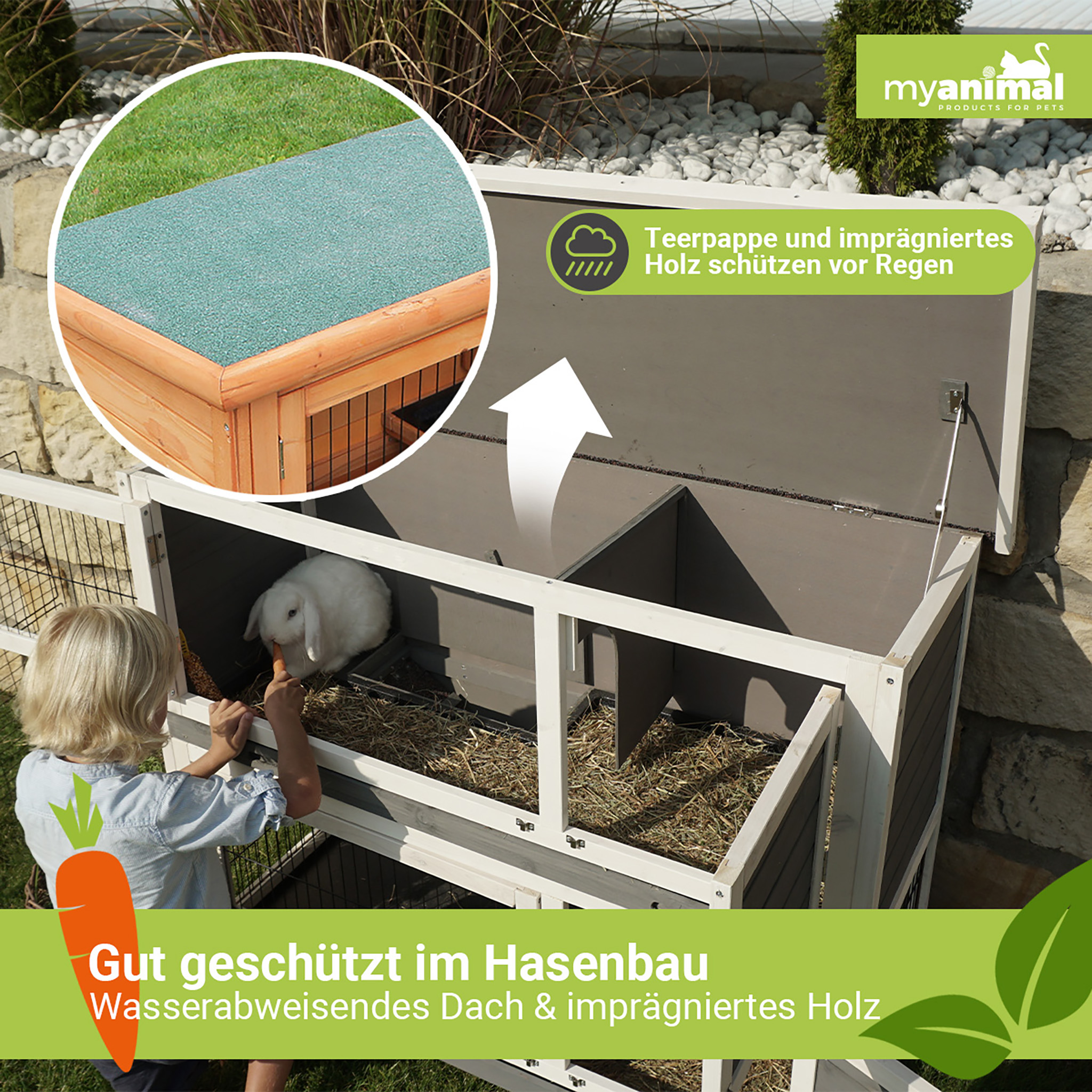 Ein Kind füttert ein weißes Kaninchen in einem hölzernen Stall. Der Stall hat ein grünes Dach und steht im Garten.