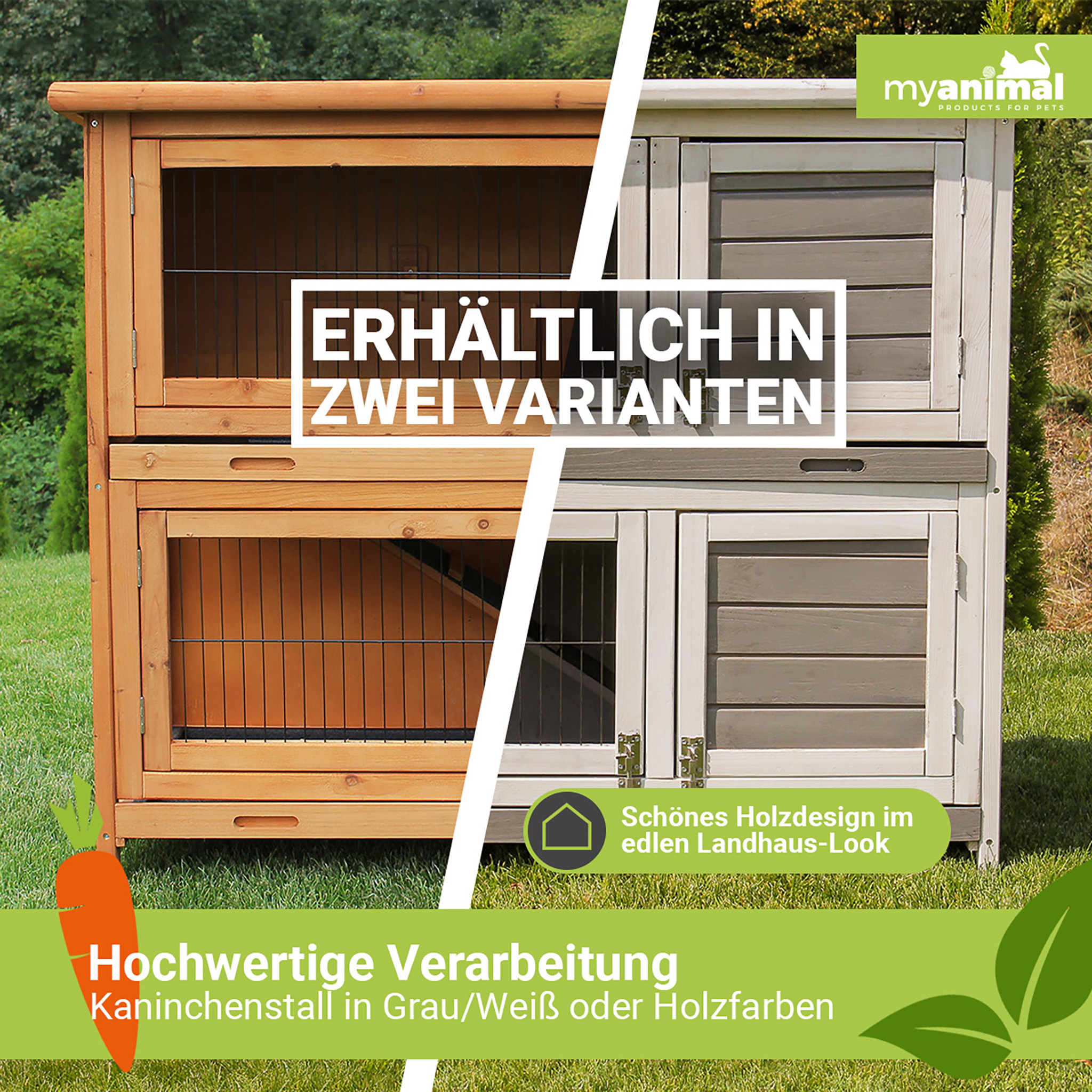 Geteiltes Bild zeigt Hasenstall in Holz- und Weiß/Grau-Farbe. Text wirbt für das Produkt.
