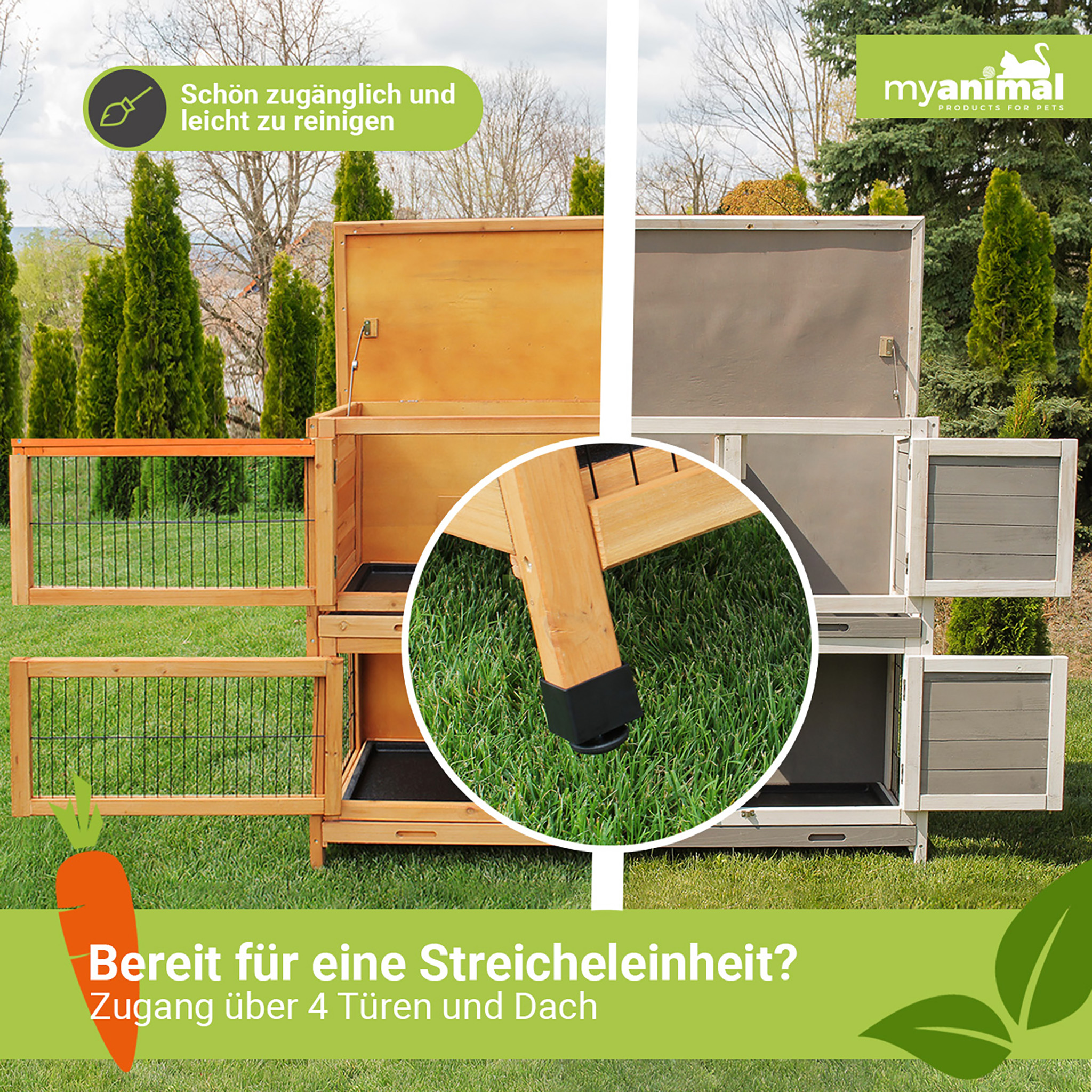 Ein zweistöckiges Haustierhaus aus Holz mit offenen Türen auf Gras. Text sagt 'Leicht zu reinigen' und 'Bereit zum Streicheln'.