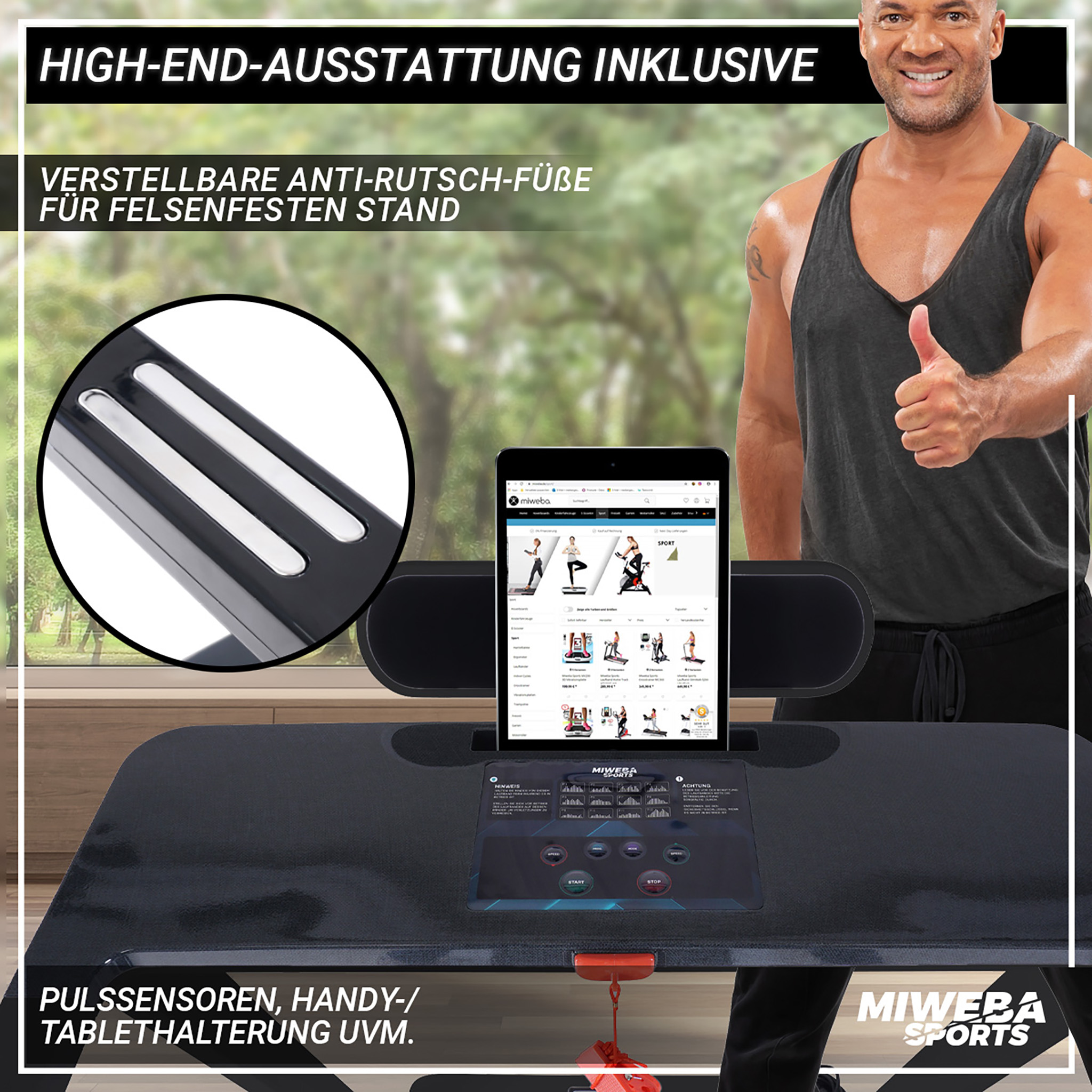 Ein Mann gibt einen Daumen hoch neben einem Laufband mit einem Tablet, das eine Website anzeigt. Text enthält 'MIWEBA SPORTS'.