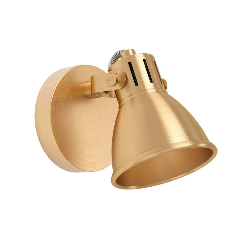 Eine goldene Wandleuchte. Sie hat einen kreisförmigen Sockel, einen verstellbaren Arm und einen konischen Lampenschirm. Der Hintergrund ist weiß.