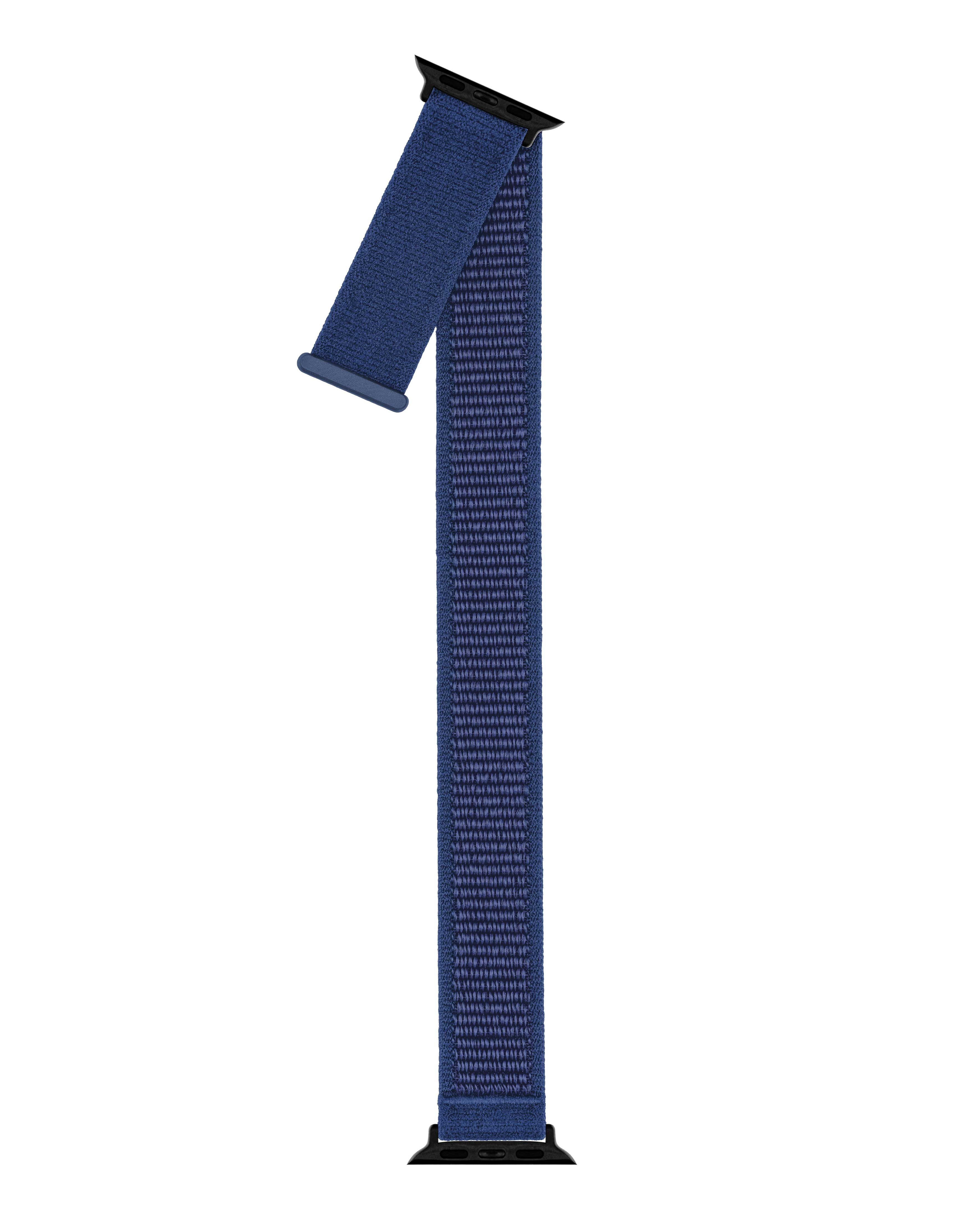Ein dunkelblaues Apple Watch-Armband vor weißem Hintergrund. Das Armband hat die Form einer 1.