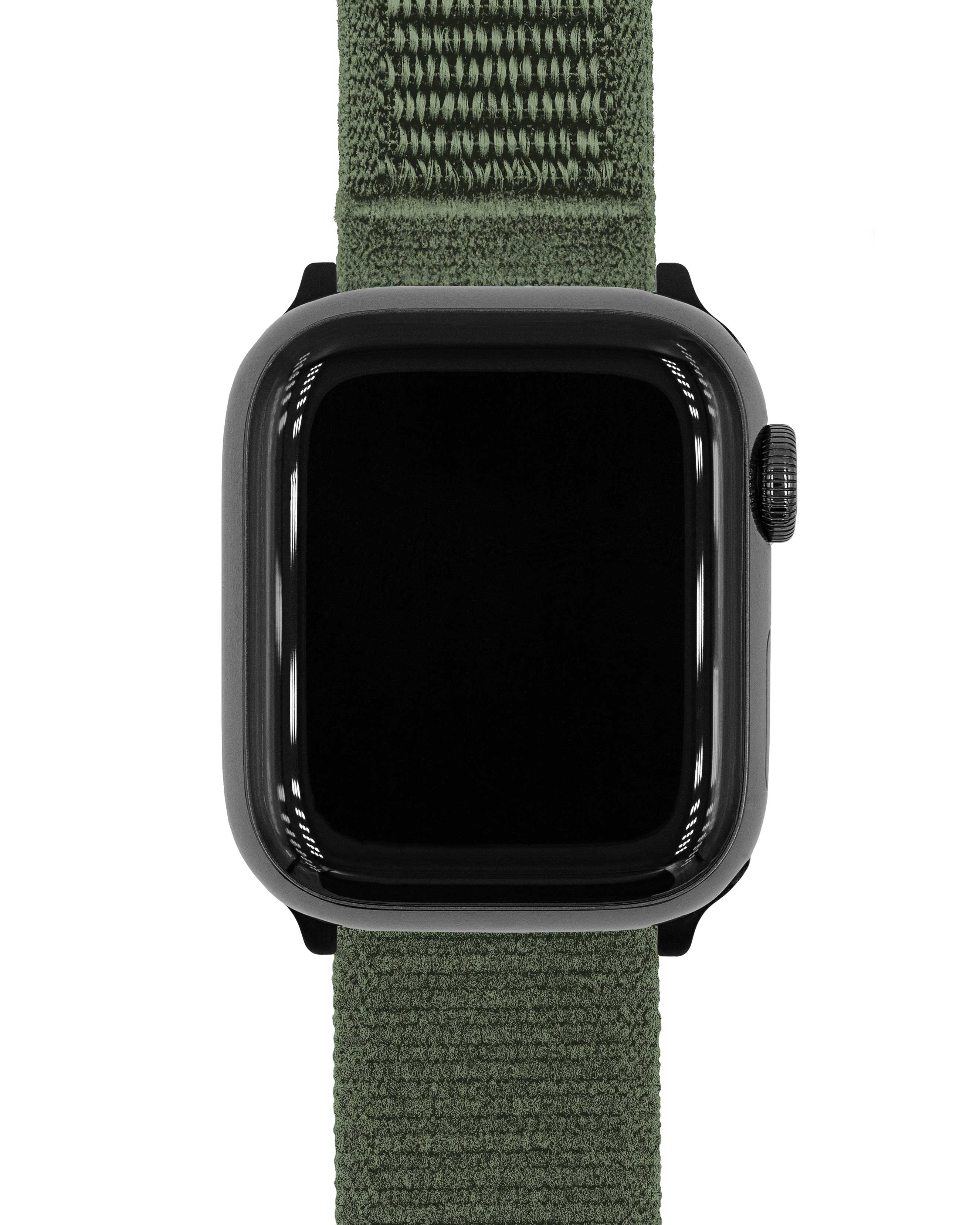 Nahaufnahme einer schwarzen Smartwatch mit grünem Stoffarmband, vor weißem Hintergrund.