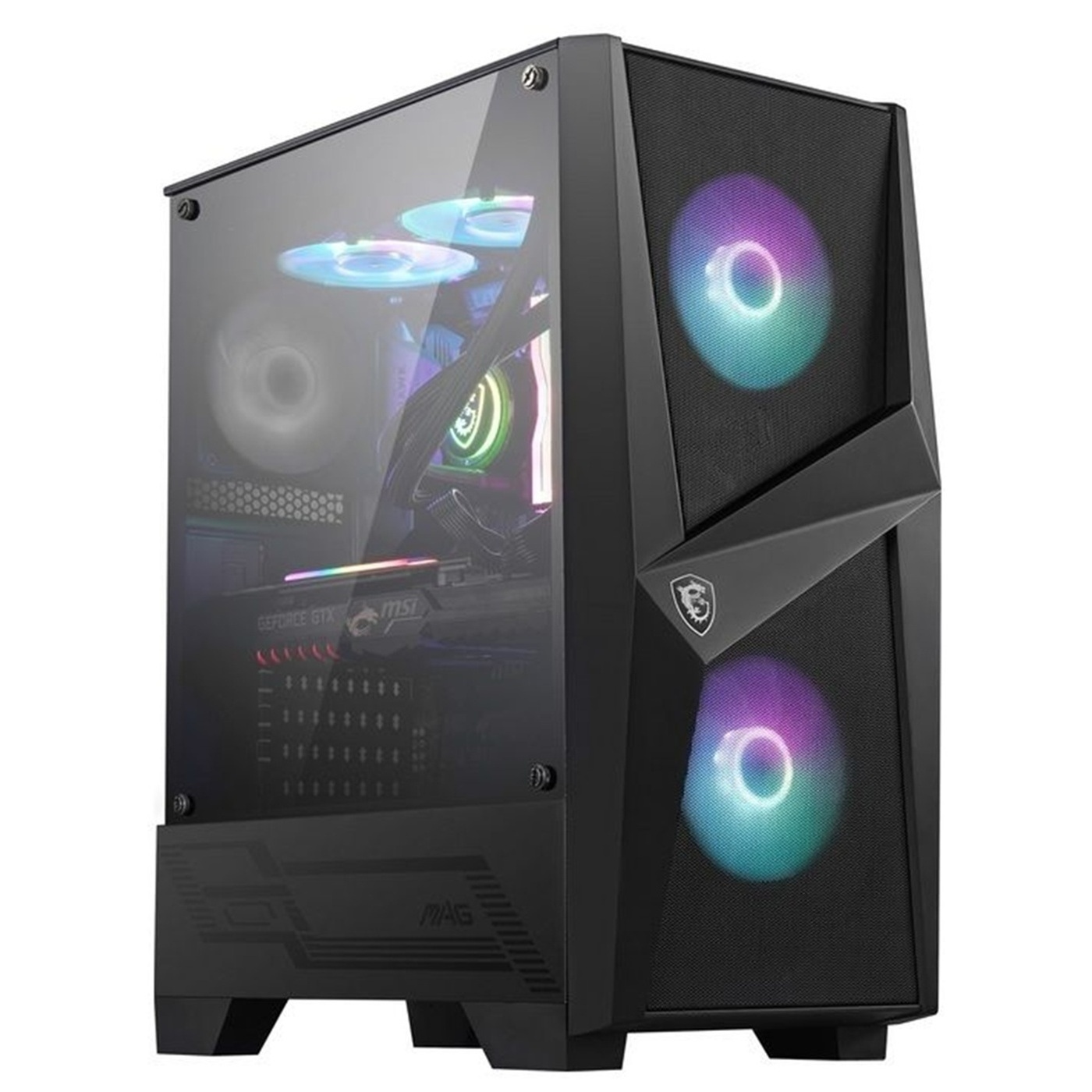 Un case per computer nero con un pannello laterale in vetro. All'interno ci sono componenti con luci colorate. La parte anteriore ha due aree ventola luminose.