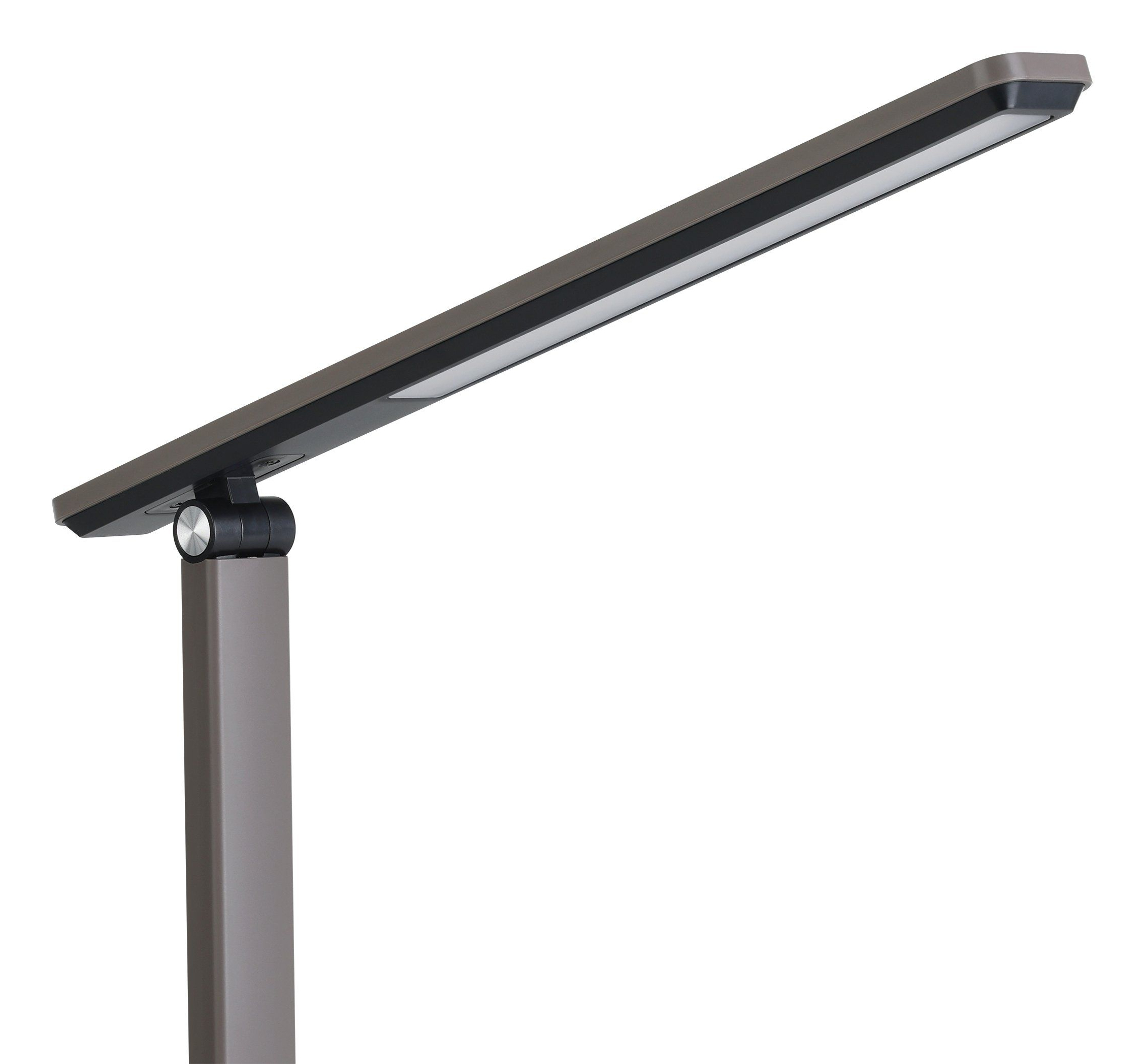 Eine moderne Schreibtischlampe mit rechteckigem Kopf und langem, abgewinkeltem Arm. Die Lampe ist braun und weiß auf weißem Hintergrund.