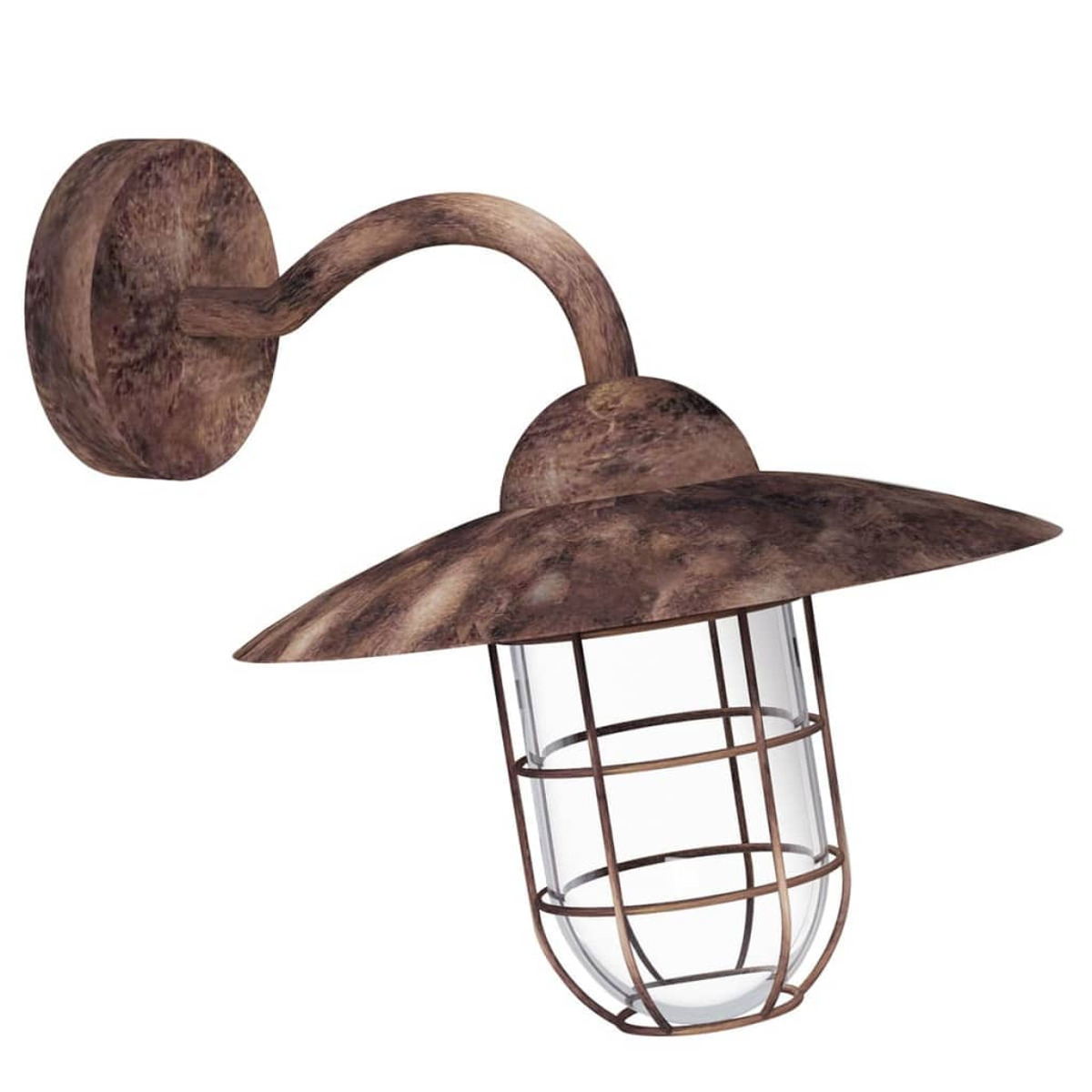 Eine rustikale Wandlampe mit rostbraunem Finish. Sie hat einen gebogenen Arm, eine gewölbte Oberseite und ein glasumschlossenes Licht.