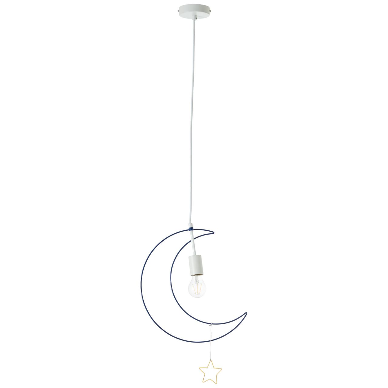 Eine weiße und blaue mondförmige Lampe mit einer Glühbirne und einem goldenen Sternanhänger, der von ihr hängt und von der Decke hängt.