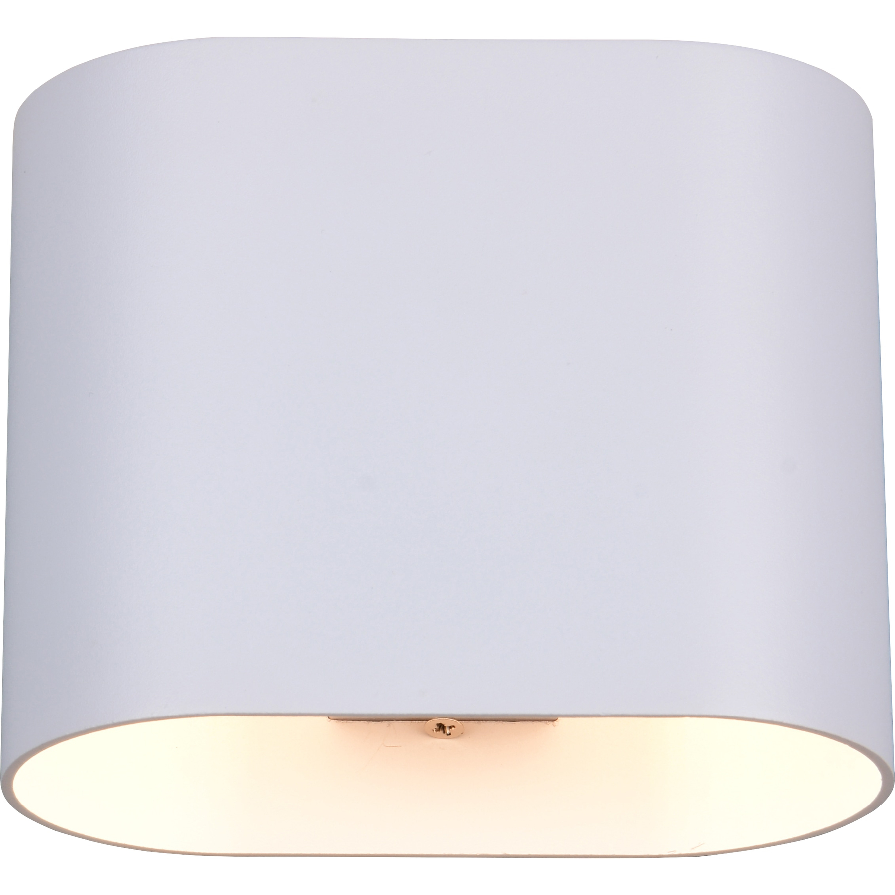 Eine weiße, oval geformte Wandleuchte mit warmem Licht, das aus der unteren Öffnung austritt. Die Lampe steht vor weißem Hintergrund.