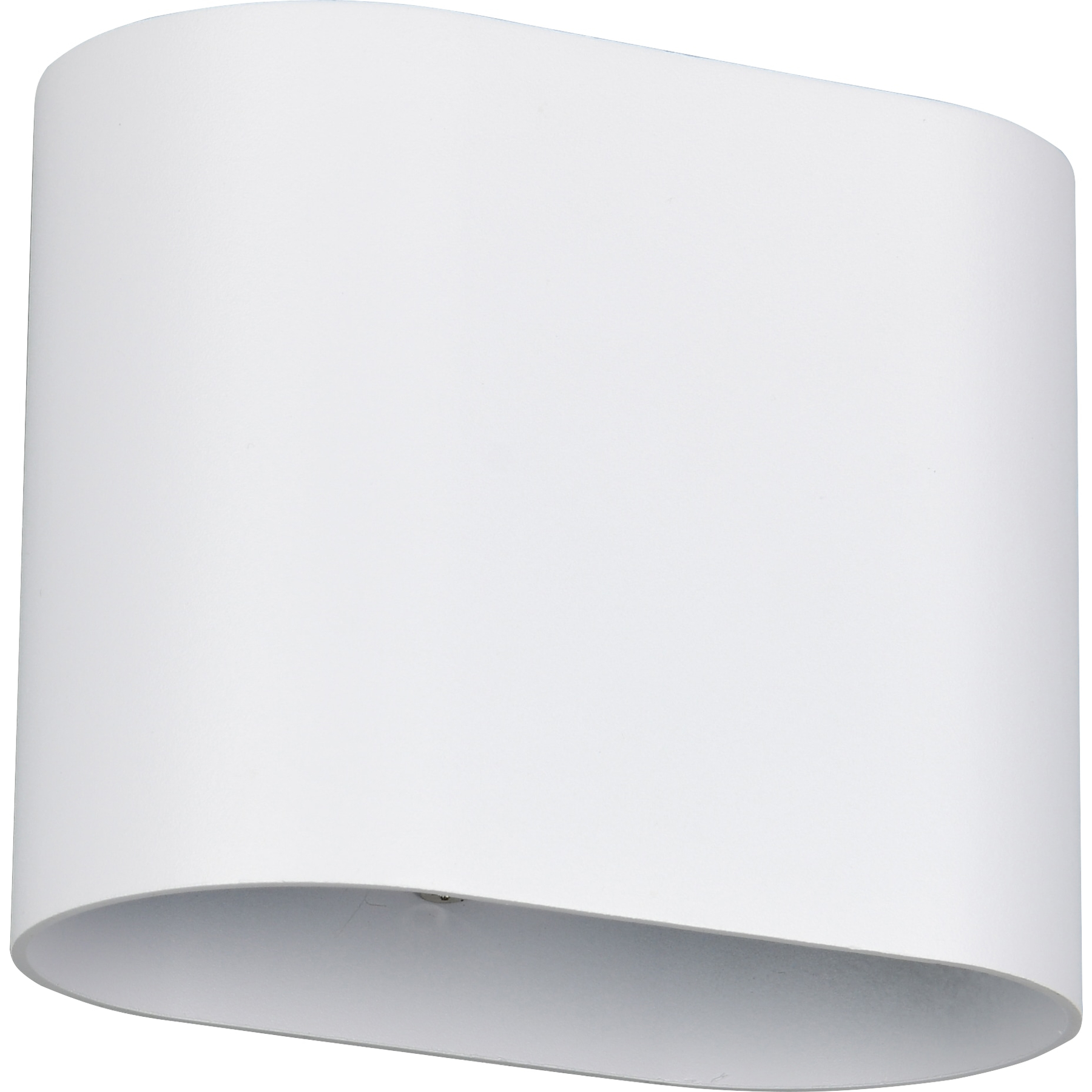 Eine weiße, ovale Wandleuchte. Es ist ein einfaches Design mit glatter Oberfläche und leicht gebogenem Boden.