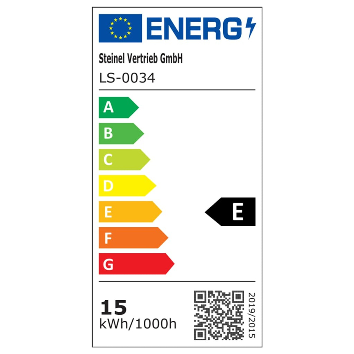 Energielabel mit dem Namen ENERG, zeigt Energieeffizienz von A bis G, E hervorgehoben. Enthält einen QR-Code.