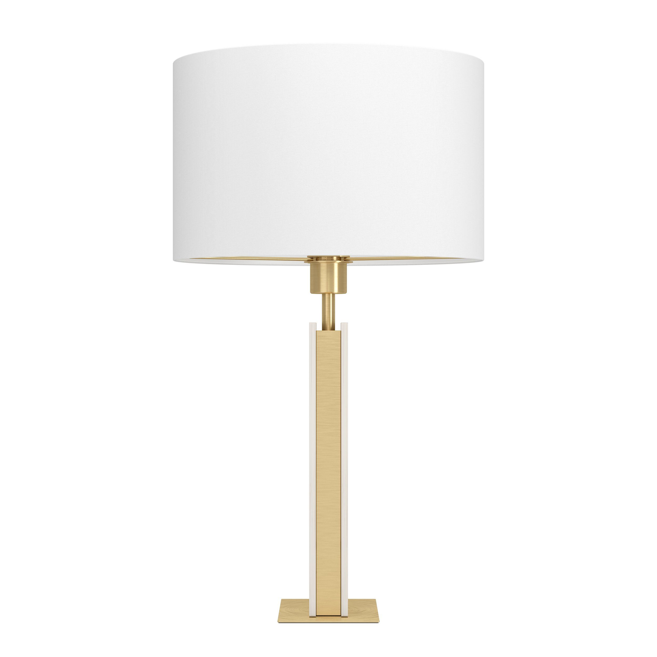 Eine moderne Lampe mit weißem Lampenschirm und goldfarbenem Fuß auf weißem Hintergrund.