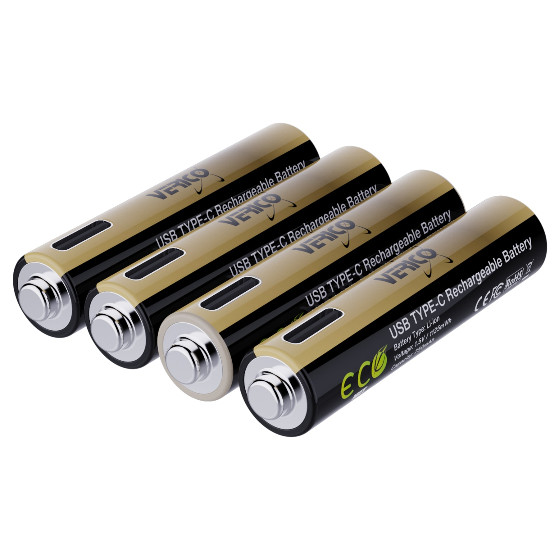 Vier zylindrische Batterien sind diagonal angeordnet. Sie haben schwarze und goldene Körper mit silbernen Enden, beschriftet mit 'Verico'.