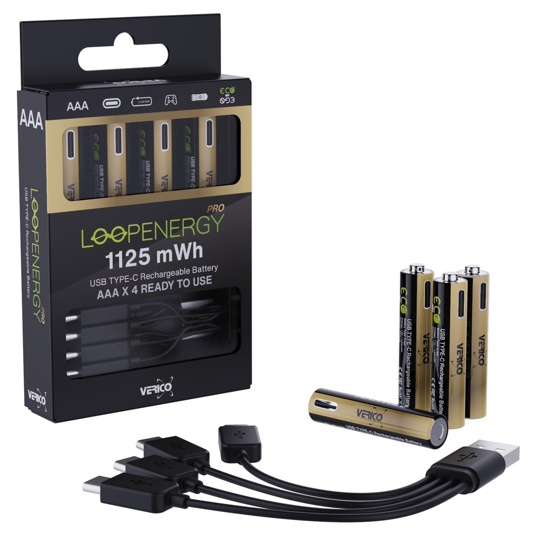 Eine Schachtel mit Loopenergy AAA-Batterien mit USB-C-Ladegeräten. Mehrere Batterien liegen neben der Schachtel.
