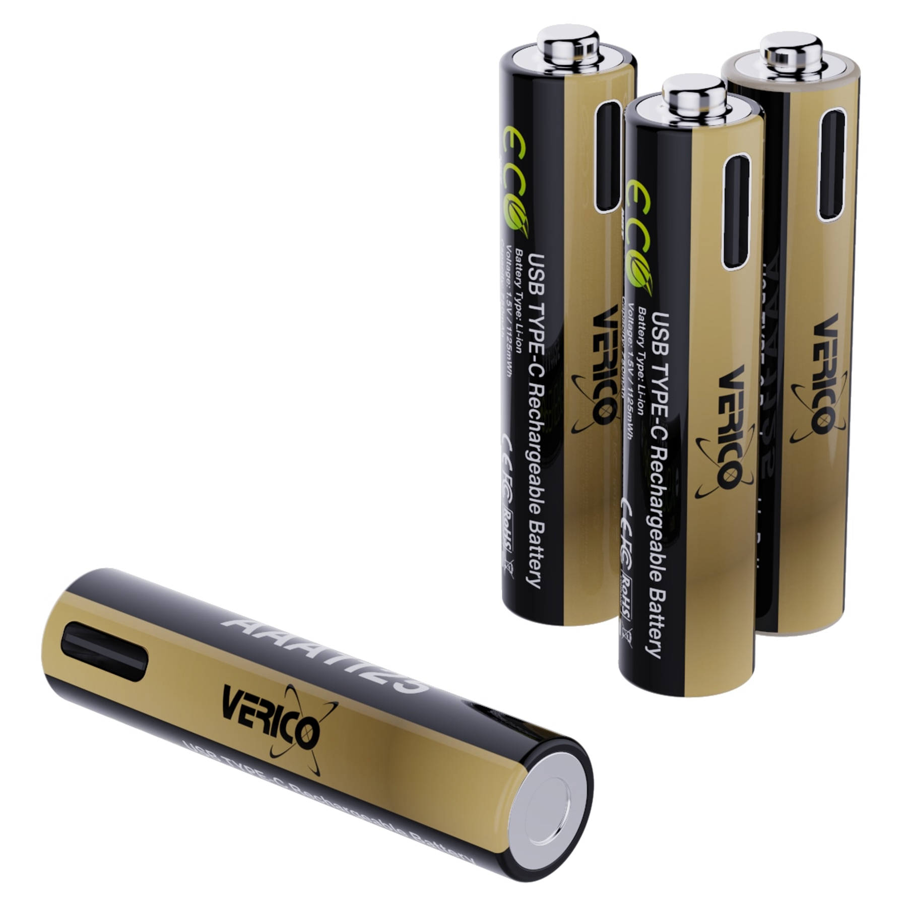 Das Bild zeigt vier wiederaufladbare AAA-Batterien. Drei stehen aufrecht, eine liegt. Sie sind schwarz und gold mit Branding.