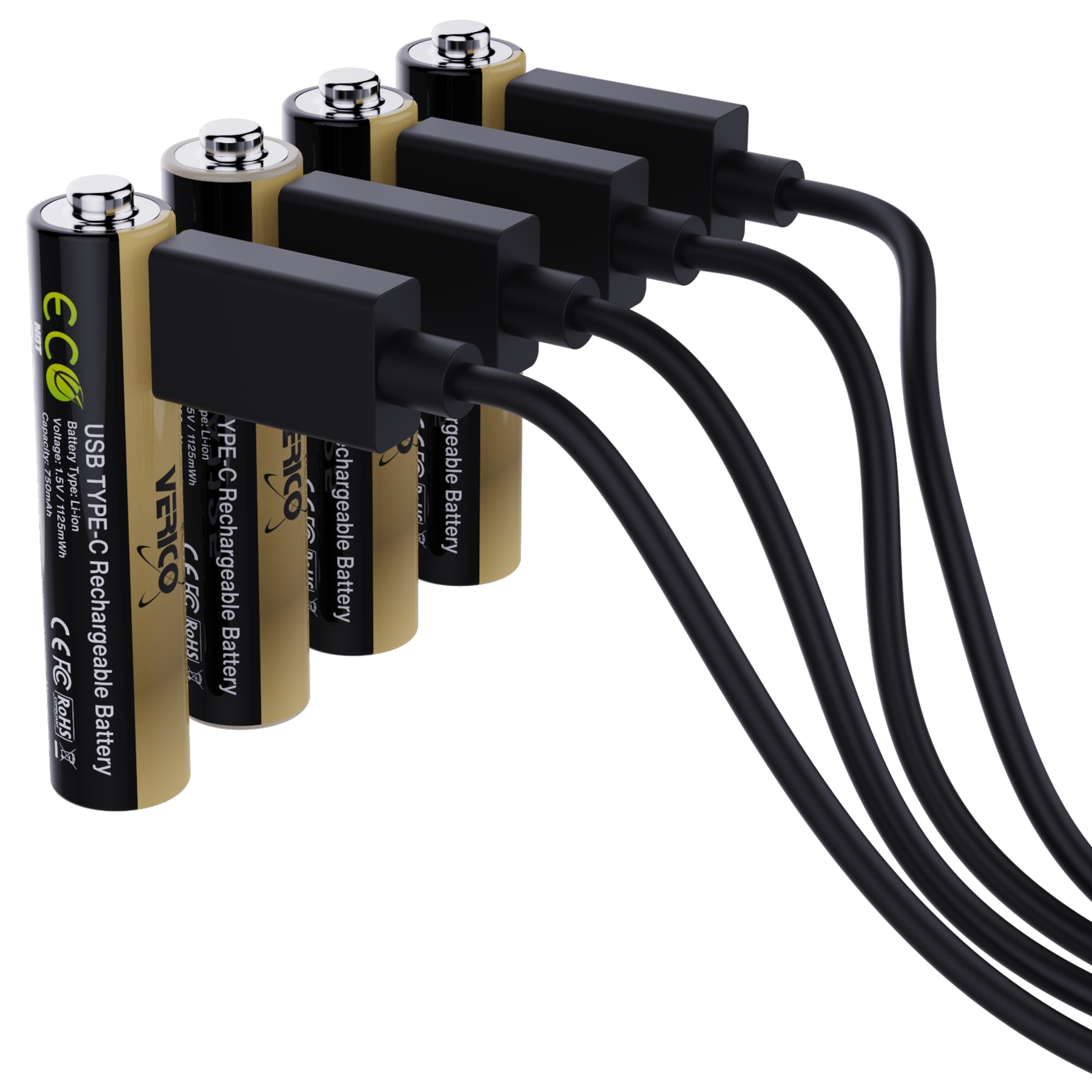 Mehrere Akkus sind mit schwarzen USB-C-Ladegeräten mit schwarzen Kabeln vor weißem Hintergrund verbunden.