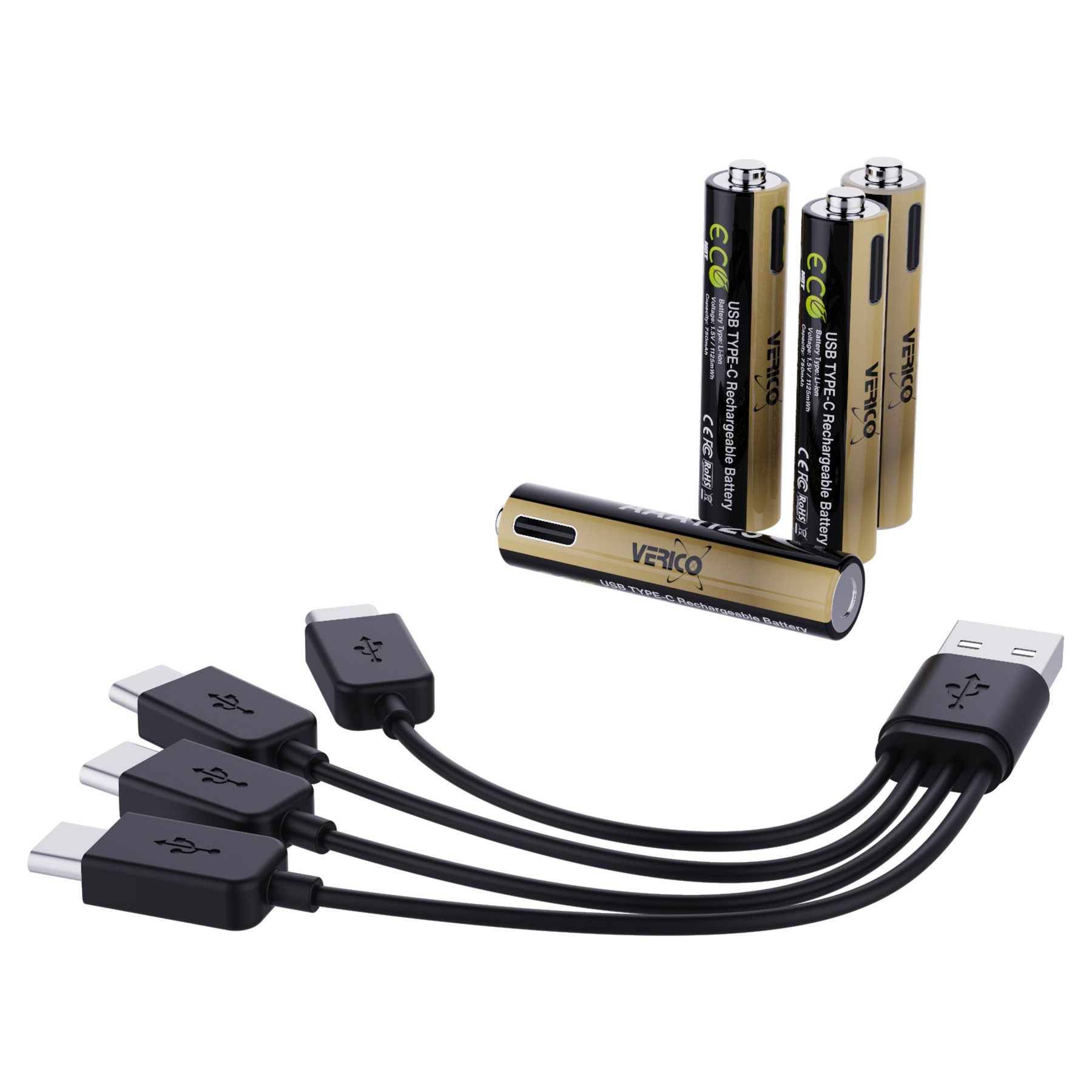 Das Bild zeigt Batterien und USB-Kabel. Batterien sind gold und schwarz. Kabel sind schwarz mit USB-C- und USB-A-Anschlüssen.