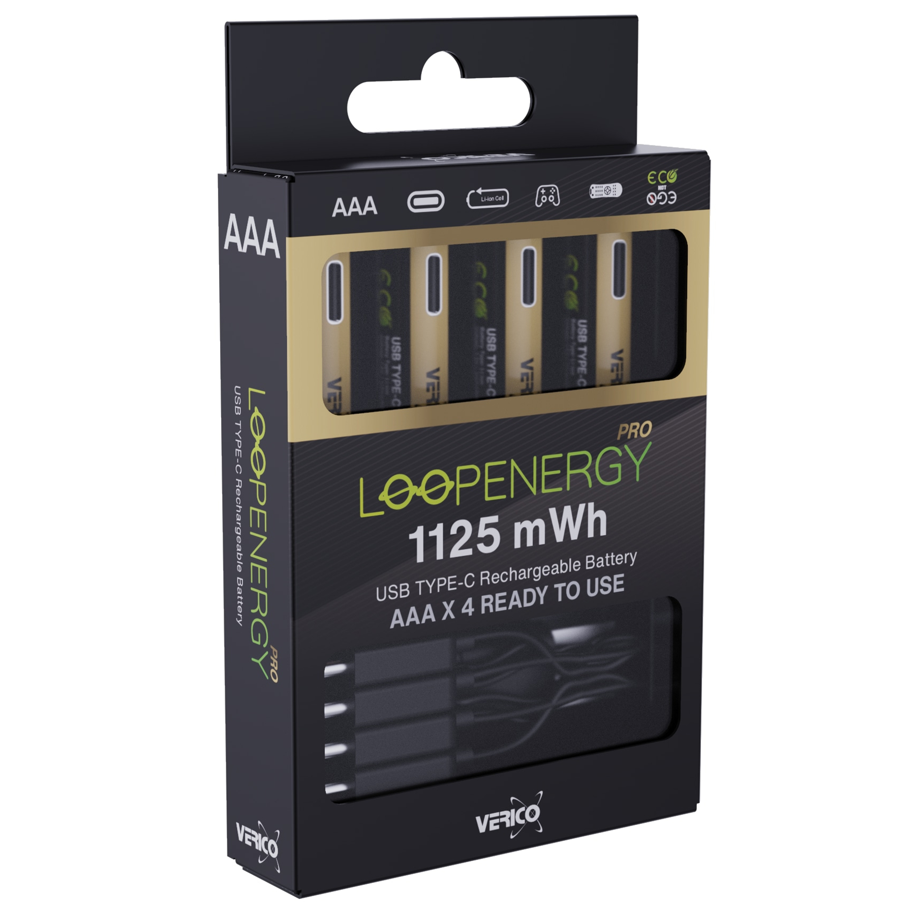 Eine Schachtel mit wiederaufladbaren Loopenergy-Batterien. Es zeigt die Batterien, den Markennamen und die Spezifikationen.