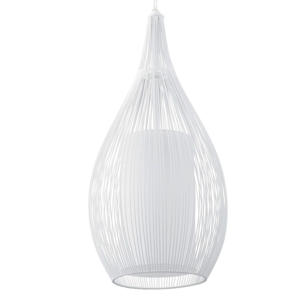 Una lámpara colgante blanca en forma de lágrima. Tiene una estructura exterior en forma de jaula y una pantalla interior cilíndrica, todo blanco, sobre un fondo blanco.