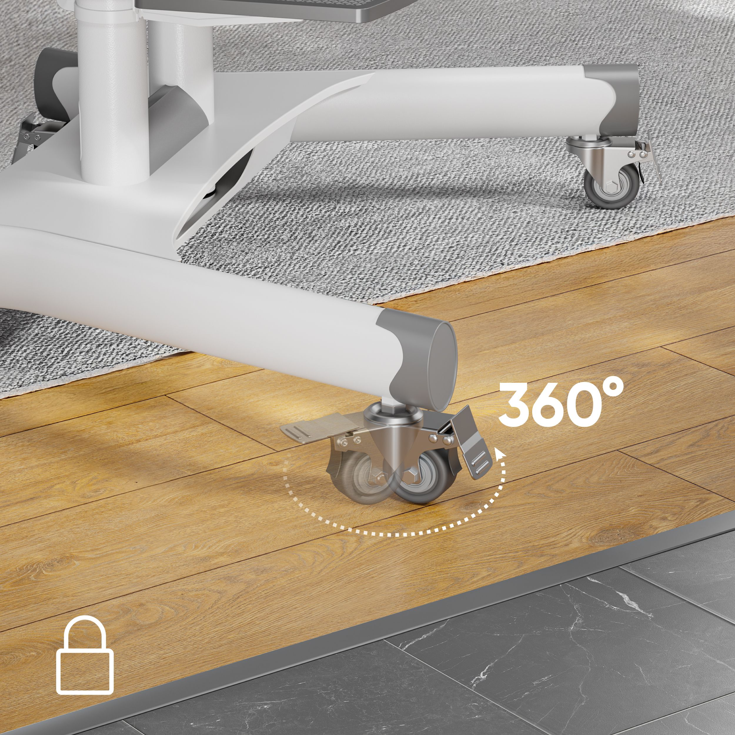 Kółko krzesła, oznaczone 360 stopniami, obraca się na drewnianej podłodze. Ikona kłódki znajduje się na krawędzi podłogi.