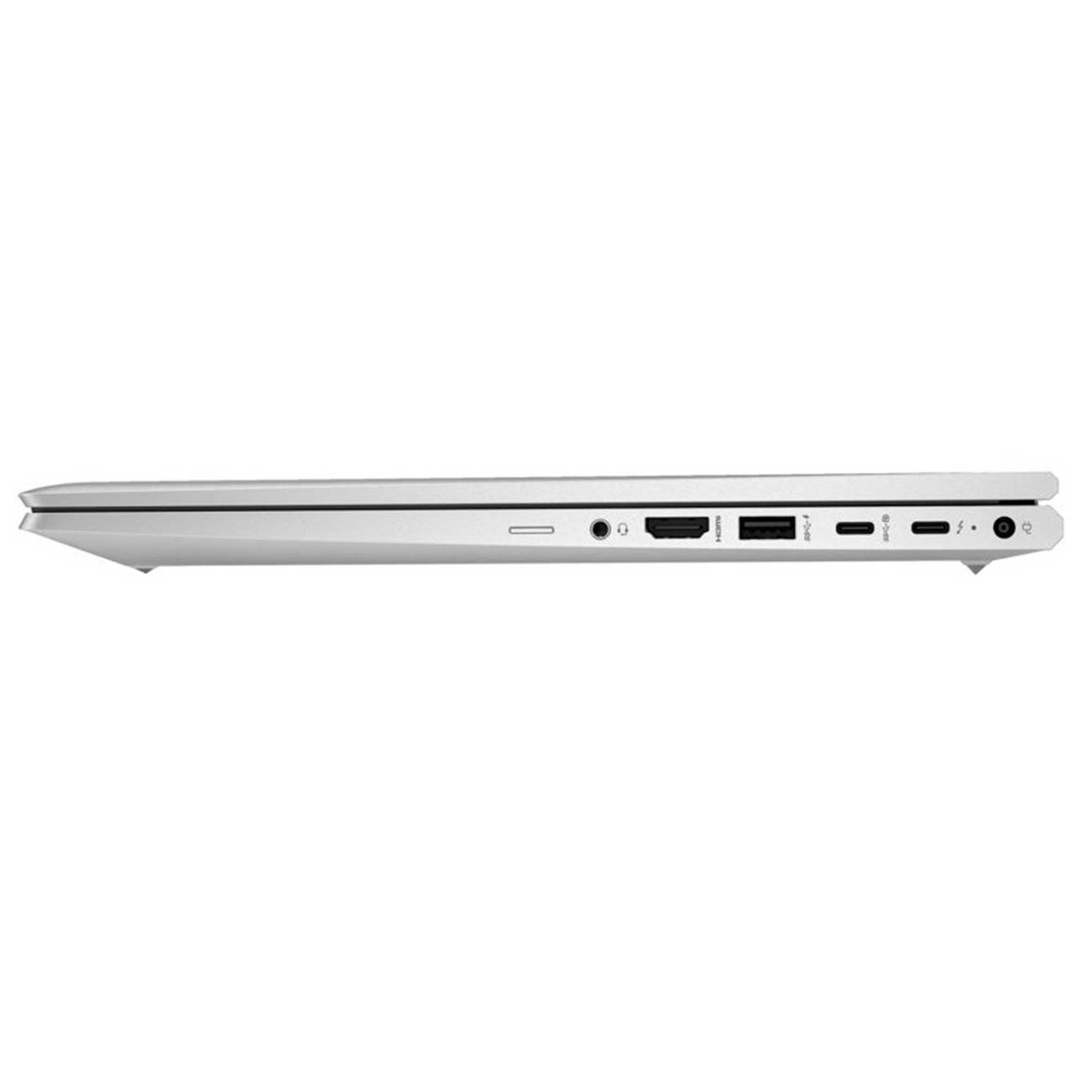 Gümüş bir dizüstü bilgisayarın yan görünümü. Bağlantı noktaları arasında HDMI, USB ve şarj bulunur. İnce ve şık.