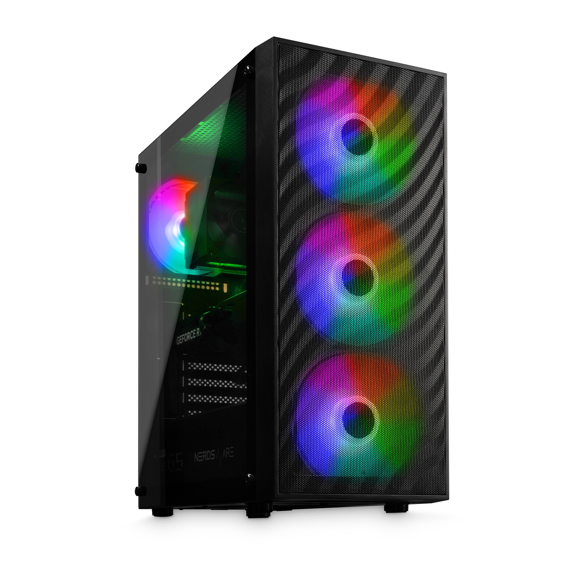 Obudowa komputera z tęczowymi wentylatorami. Przód to czarna siatka, a bok jest przezroczysty. Obudowa jest na białym tle.