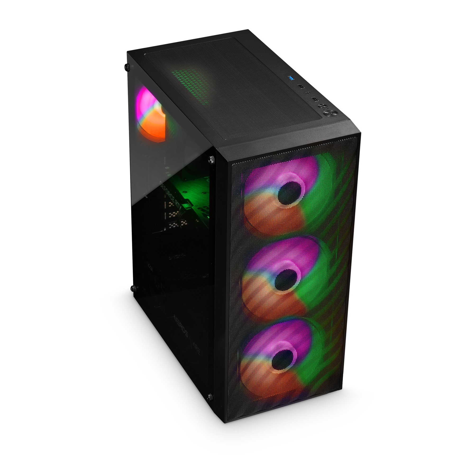 Czarna obudowa komputera ze szklanym bokiem. Przód ma trzy kolorowe wentylatory. Na górze znajdują się przyciski. Białe tło.