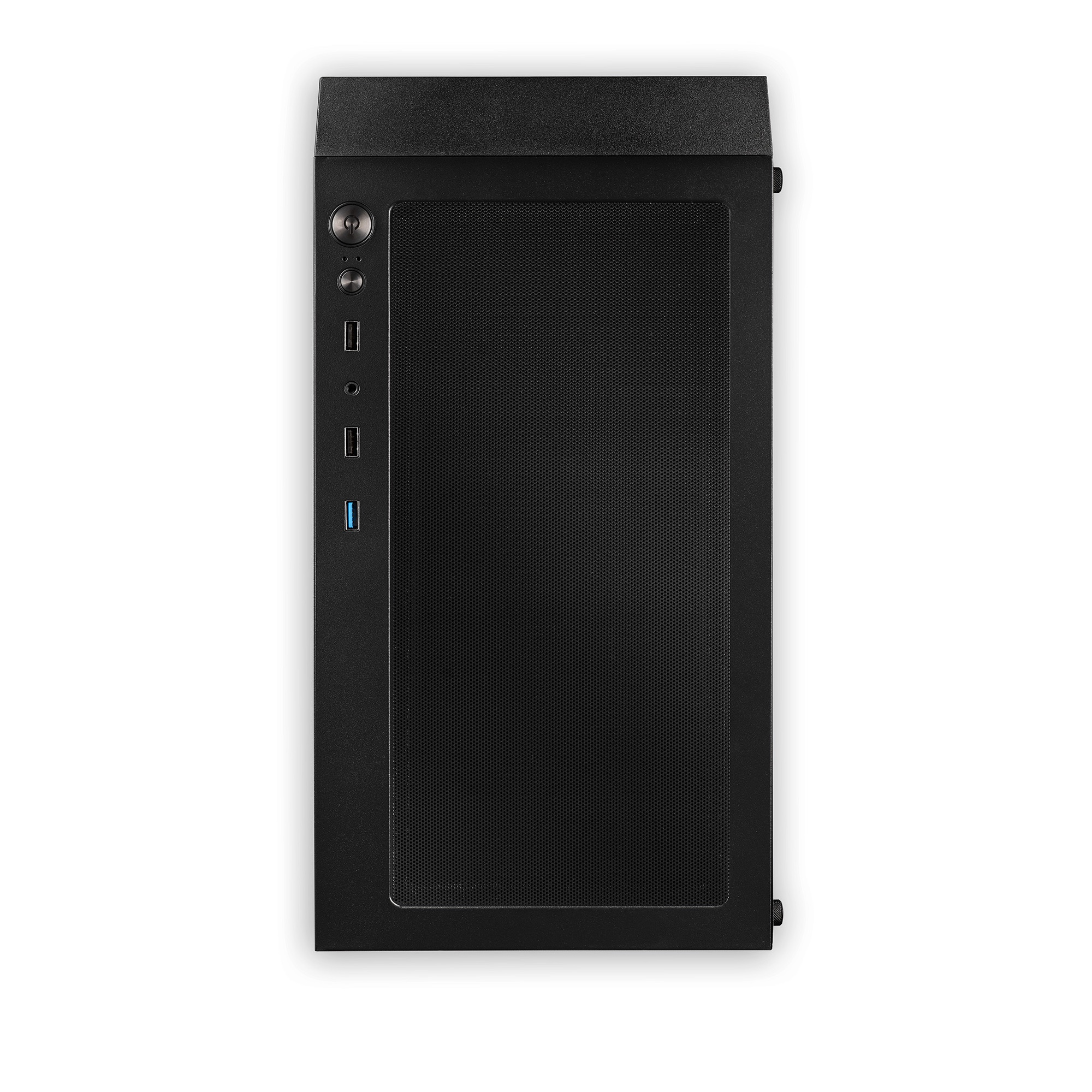 Czarna obudowa komputera, widok z góry, na białym tle. Ma siatkowy przód i przyciski z boku.