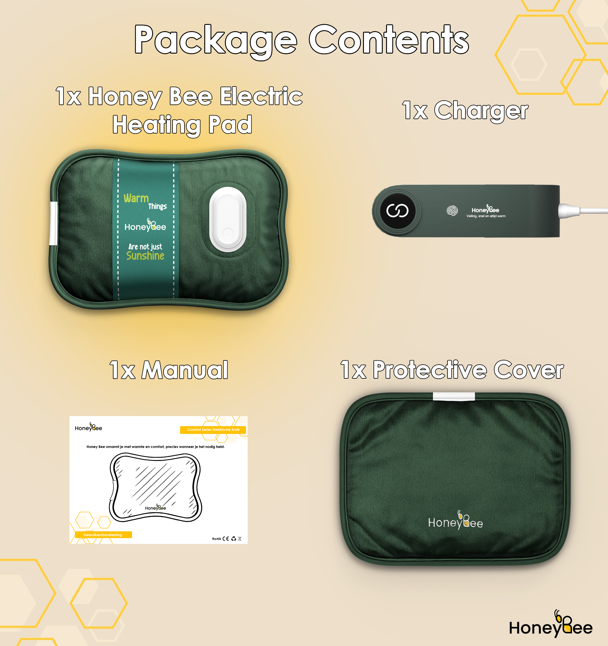 Image shows package contents: heating pad, charger, manual, and protective cover. All branded Honey Bee.