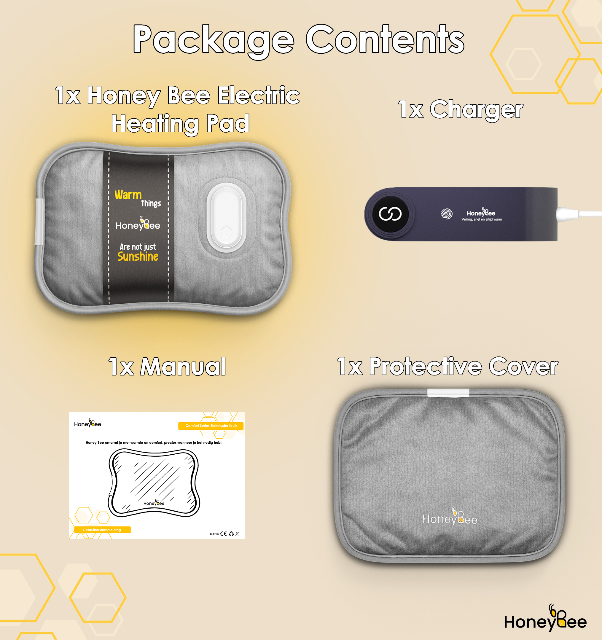 Image shows package contents: heating pad, charger, manual, and protective cover. All items are labeled and displayed.
