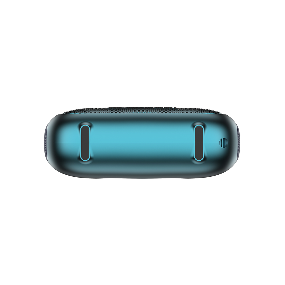 Turkusowy, podłużny głośnik. Z przodu ma dwa długie, wąskie otwory, a na górze siatkę. Tło jest białe.