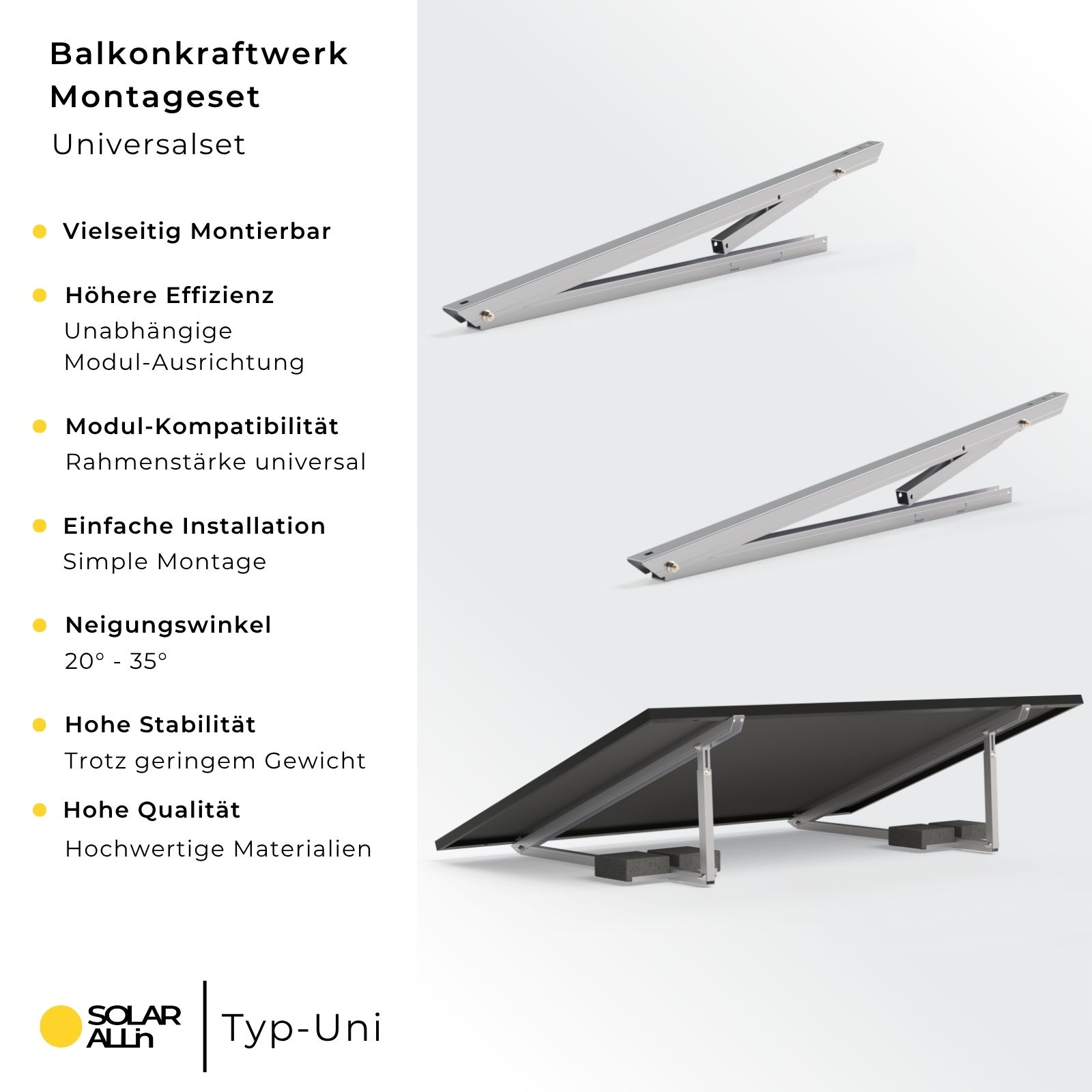 Das Bild zeigt einen Solarpanel-Montagesatz mit einem schwarzen Panel und silbernen Halterungen. Text beschreibt Funktionen und die Marke.