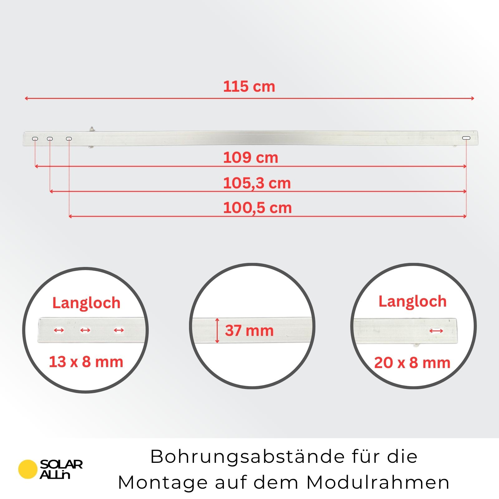 Diagramm mit Maßen und Details zur Montage von Solarpanel-Hardware. Enthält Abmessungen und Beschriftungen.
