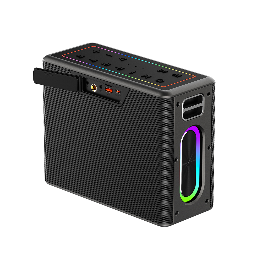 Czarny prostokątny głośnik z przyciskami na górze, portami z boku i kolorowym paskiem świetlnym z przodu.