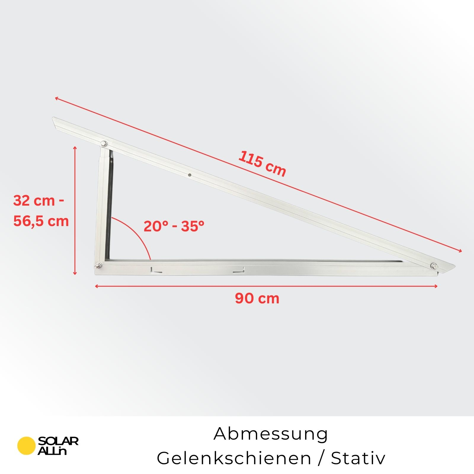 Diagramm eines Metallrahmens mit Abmessungen. Es zeigt 32-56,5 cm, 115 cm, 90 cm und einen Winkel von 20-35 Grad. Der Text sagt Abmessung.