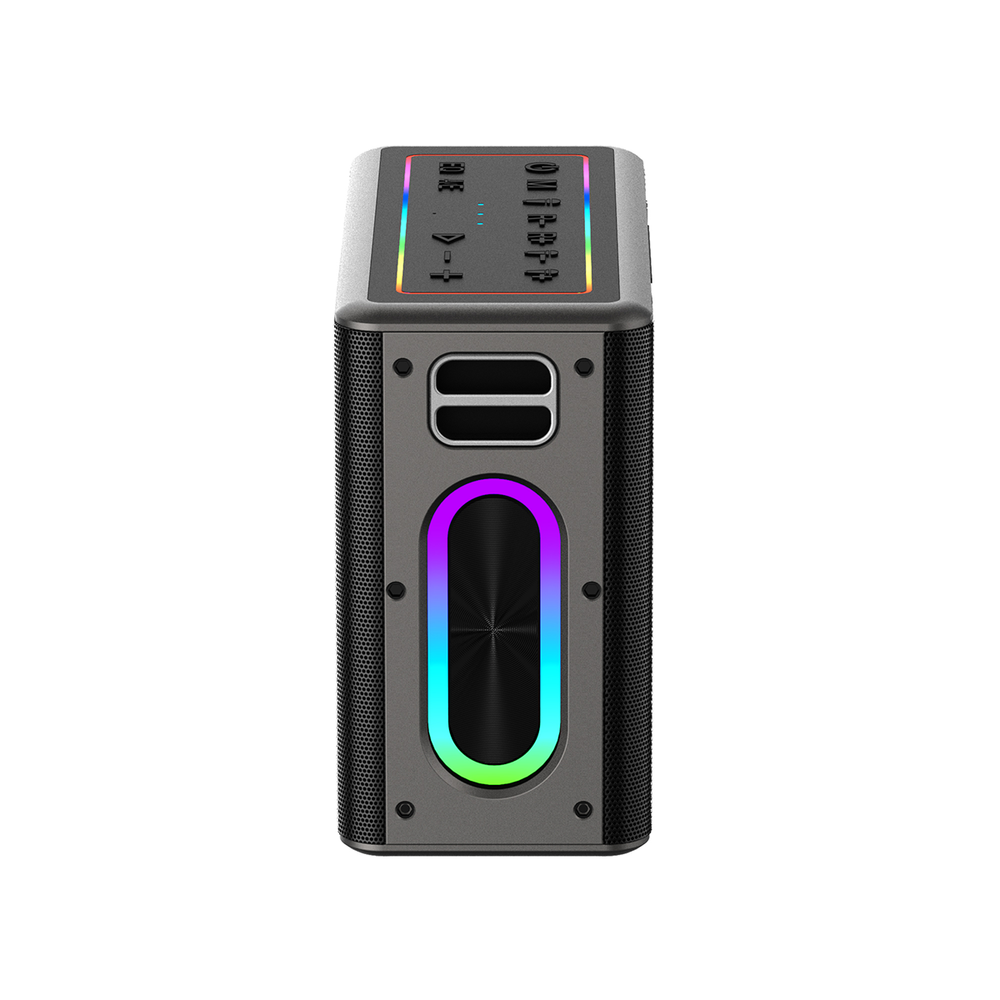 Szary głośnik z przyciskami sterowania na górze i świecącym, kolorowym światłem z przodu.