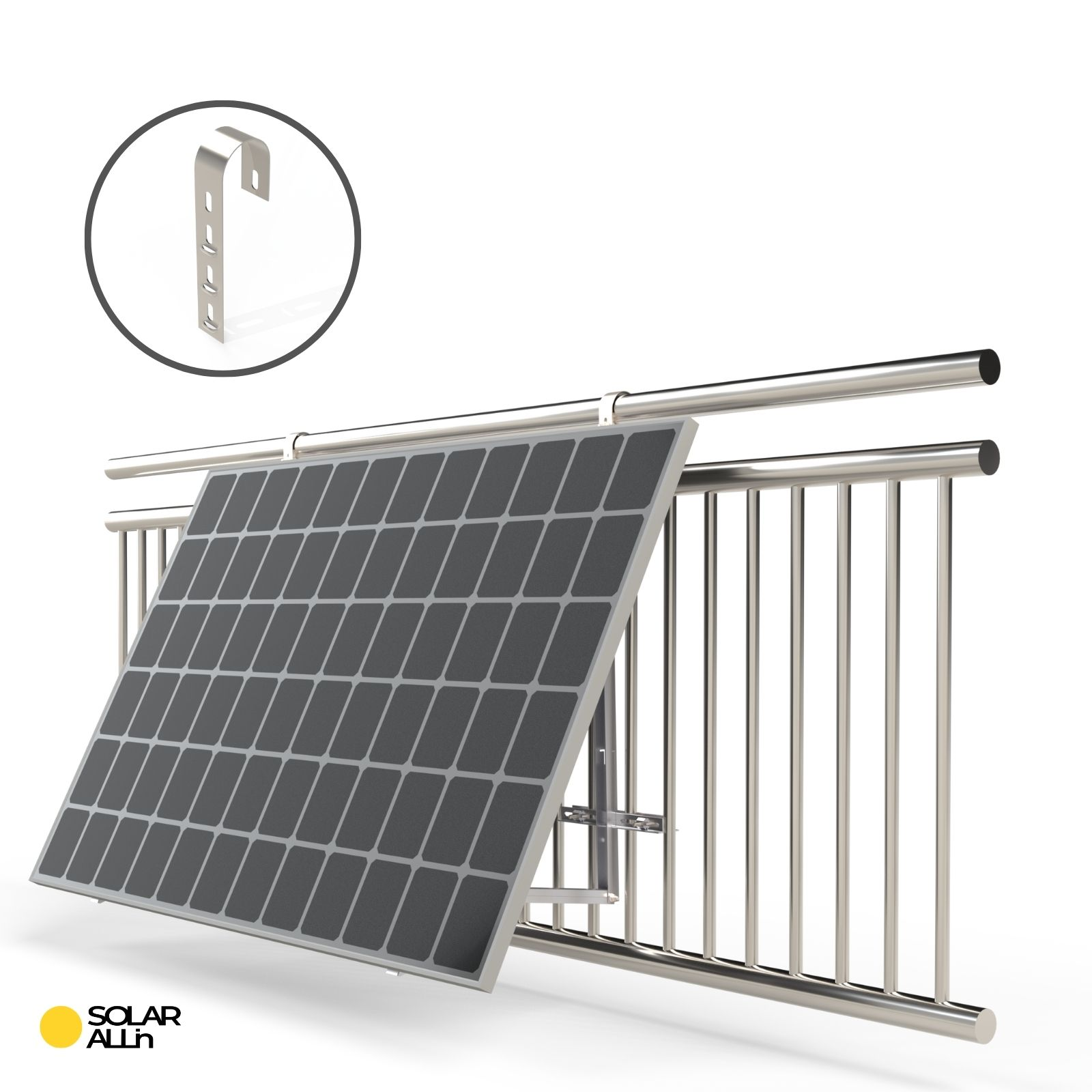 Solarpanel auf einem Geländer installiert. Eine Halterung befindet sich in einem Kreis darüber. Das Panel ist grau, das Geländer ist aus Metall.