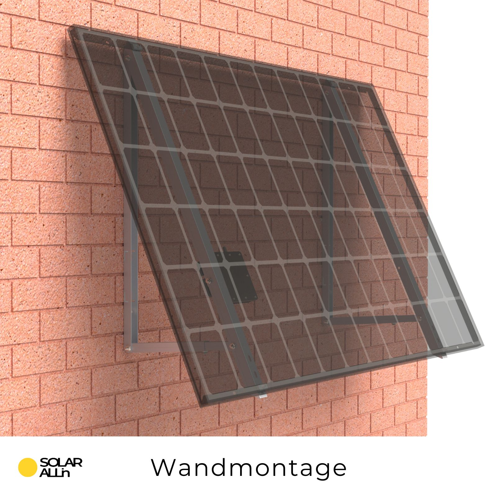 Ein Solarpanel an einer Ziegelmauer montiert. Das Panel ist angewinkelt und hat ein Gittermuster. Die Wand ist rotbraun.