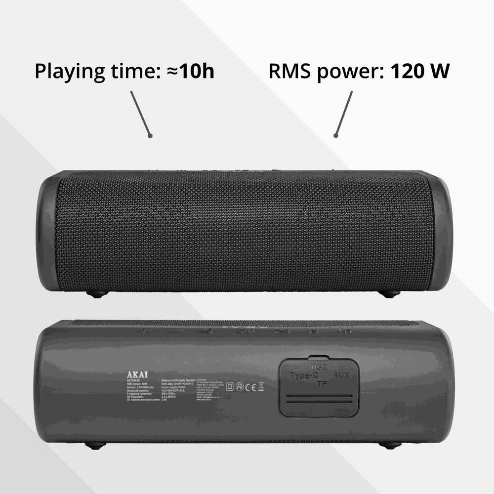 Czarny głośnik AKAI, widok z góry i z dołu. Czas odtwarzania: ≈10h, moc RMS: 120W. Posiada porty Type-C, AUX i TF.