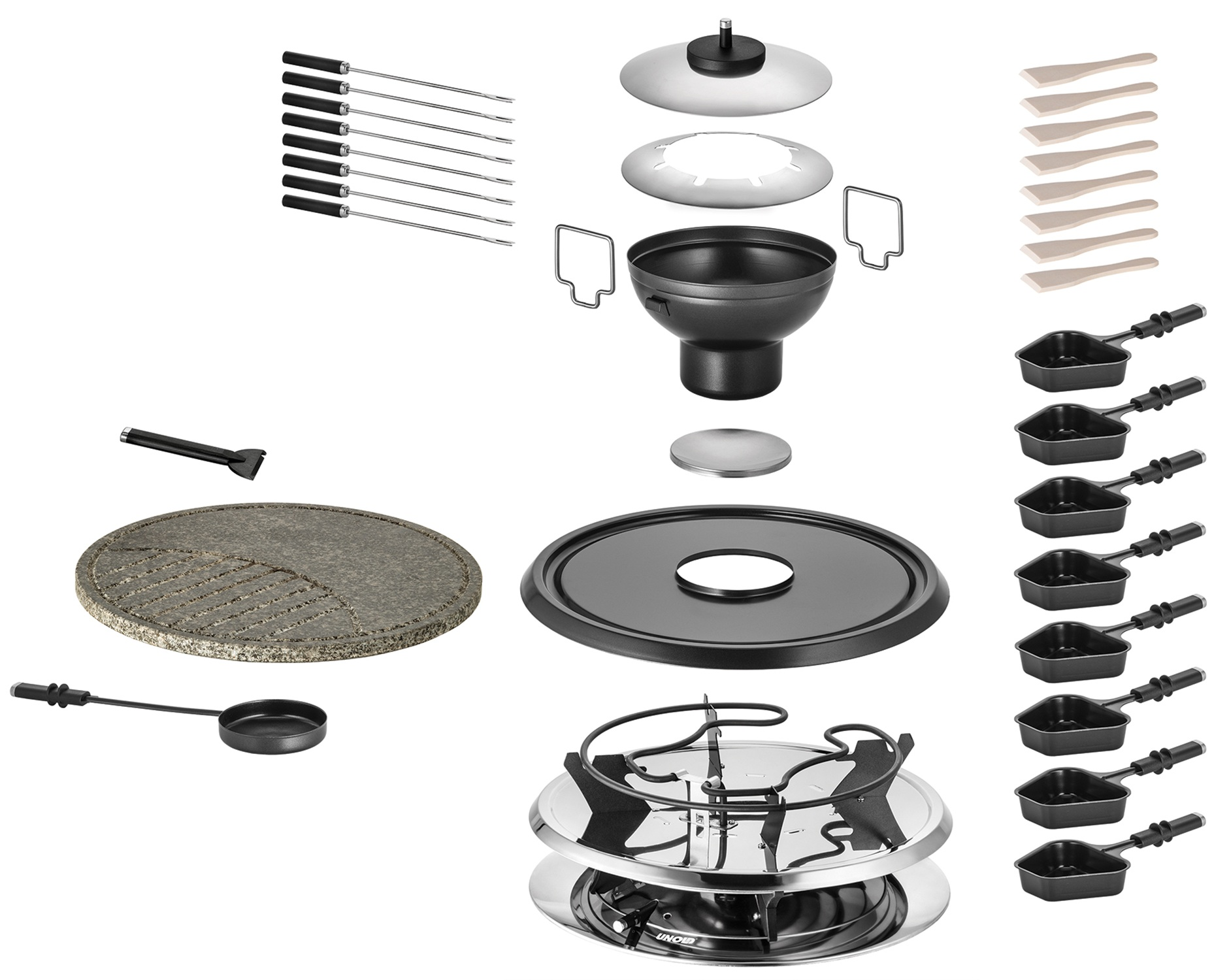 Komponenten des Raclette-Grillsets: Pfannen, Spatel, Spieße, runder Stein, Brennerbasis, Deckel und Schmelztopf.