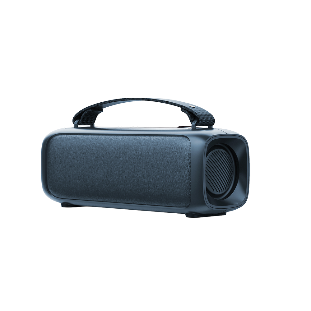 Ciemnoniebieski głośnik przenośny z uchwytem. Głośnik ma prostokątny kształt z zaokrąglonymi krawędziami i kratką głośnika.